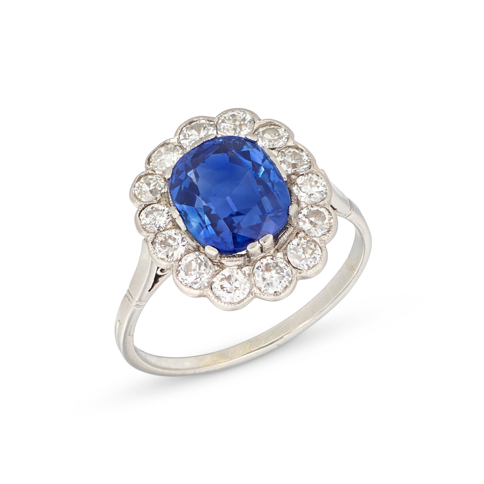 EARLY 20TH CENTURY SAPPHIRE AND DIAMOND RING: Details Antique cushion-shaped sapphire of 3.46 carats, old circular-cut diamonds, circa 1925, numbered SSEF, 2026, report no. 151638: 3.468 carats, Kashmir, no indications of heating GCS, 2025,