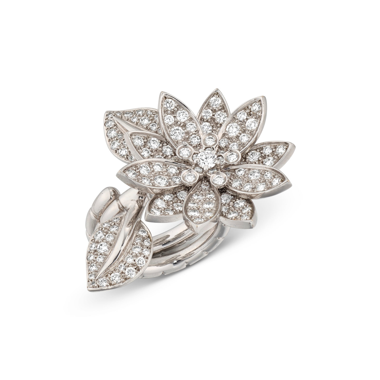 VAN CLEEF & ARPELS DIAMOND 'LOTUS BETWEEN THE FINGER' RING: Details Circular-cut diamonds, gold (French mark), signed VCA, numbered Size/Dimensions: UK ring size I to J Gross Weight: 20.9 grams Literature Cf. M. Petit, Van Cleef & Arpels, Reflections of