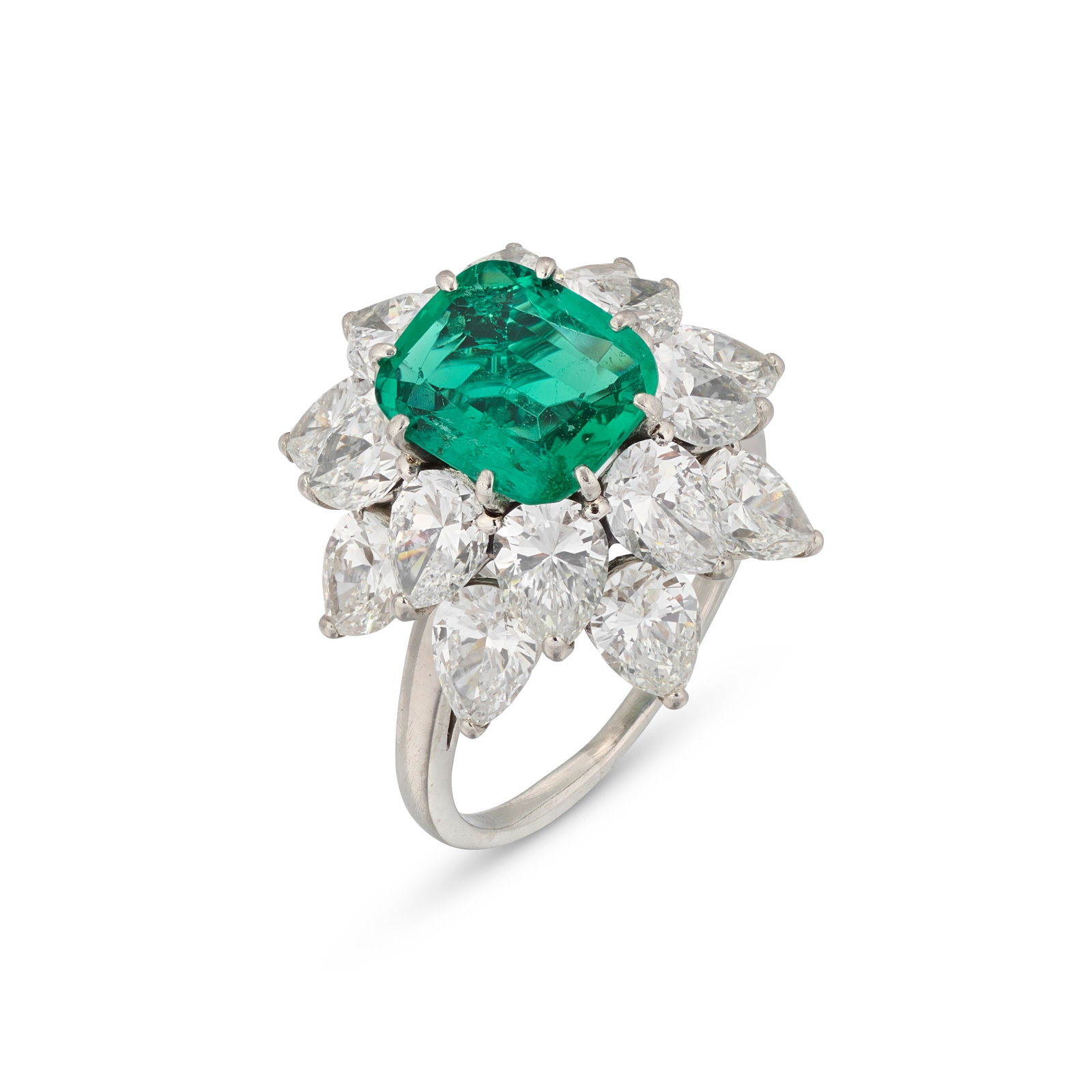 BULGARI EMERALD AND DIAMOND RING: Details Rectangular cushion-shaped emerald, pear-shaped diamonds, 1960s, signed Bvlgari, red Bulgari case GCS, 2026, report no. 5786-2544: Colombia, minor amount of oil in fissures Size/Dimensions: