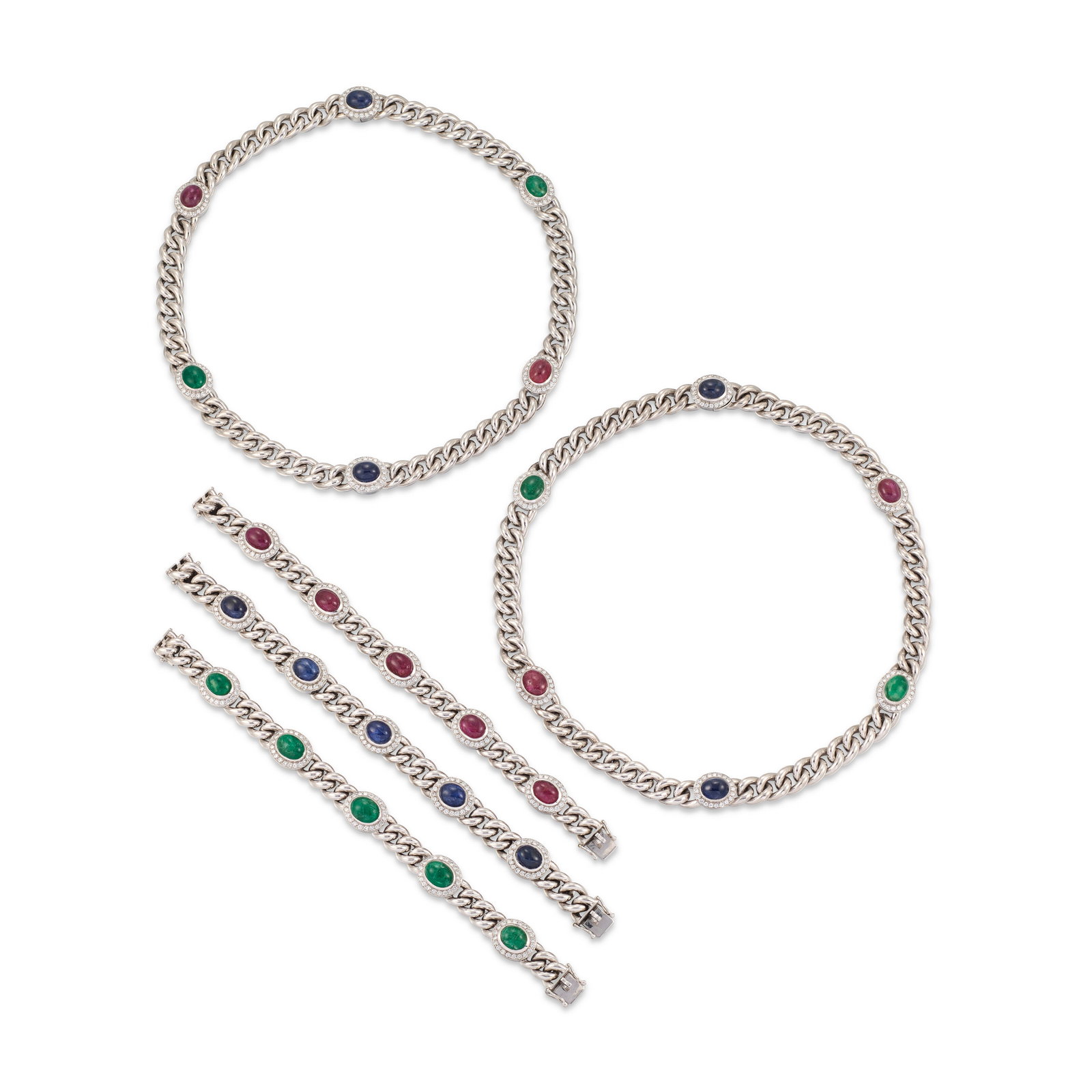 Details Comprising two necklaces and three bracelets Oval cabochon rubies, sapphires and emeralds,: Details Comprising two necklaces and three bracelets Oval cabochon rubies, sapphires and emeralds, circular-cut diamonds Size/Dimensions: necklaces 47.0 cm, ruby and emerald bracelets 18.5 cm,