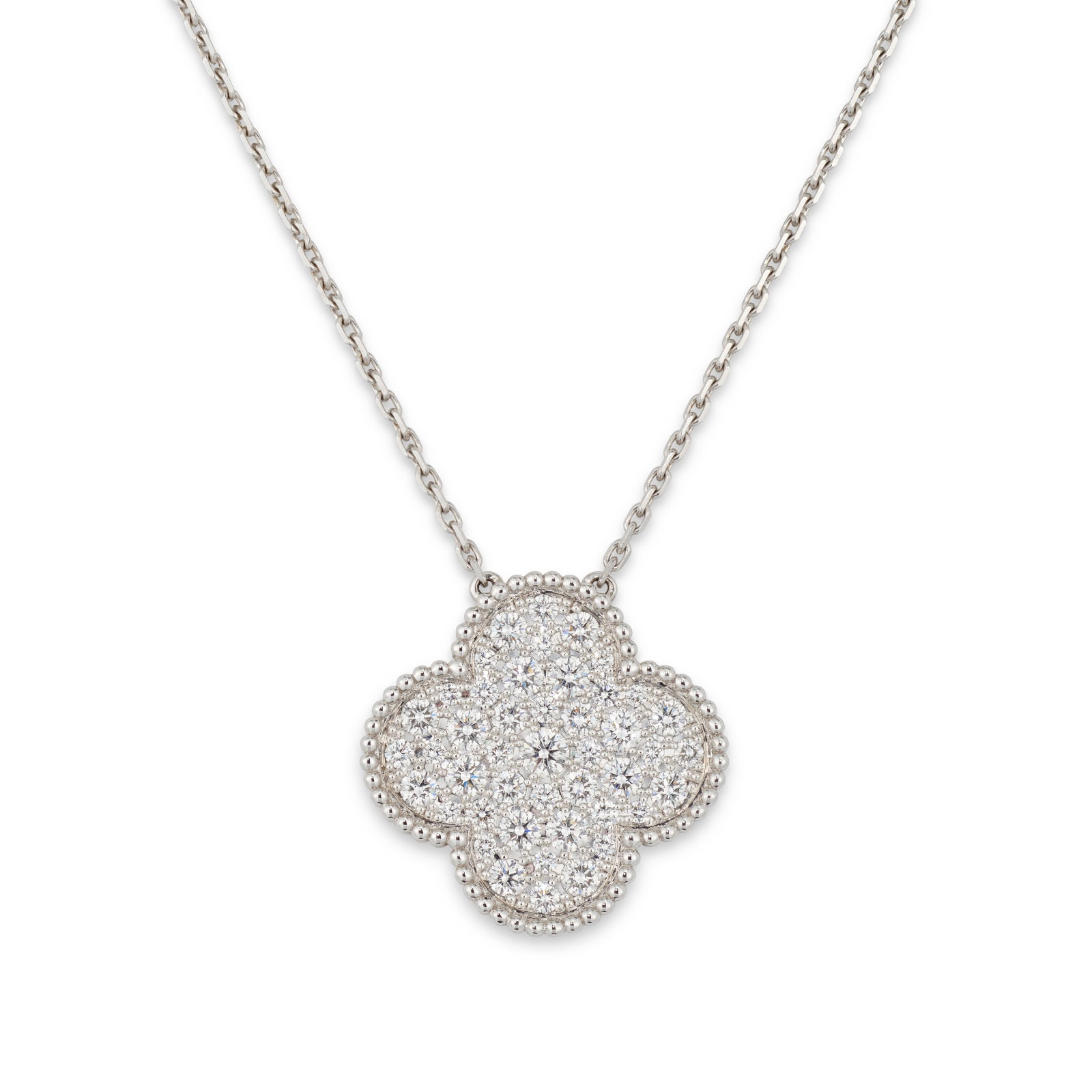VAN CLEEF & ARPELS DIAMOND ‘MAGIC ALHAMBRA’ NECKLACE: Details Circular-cut diamond quatrefoil, gold (French, Swiss and European Convention marks), signed VCA, maker's marks (Van Cleef & Arpels and FG Manufacture), numbered Size/Dimensions: length