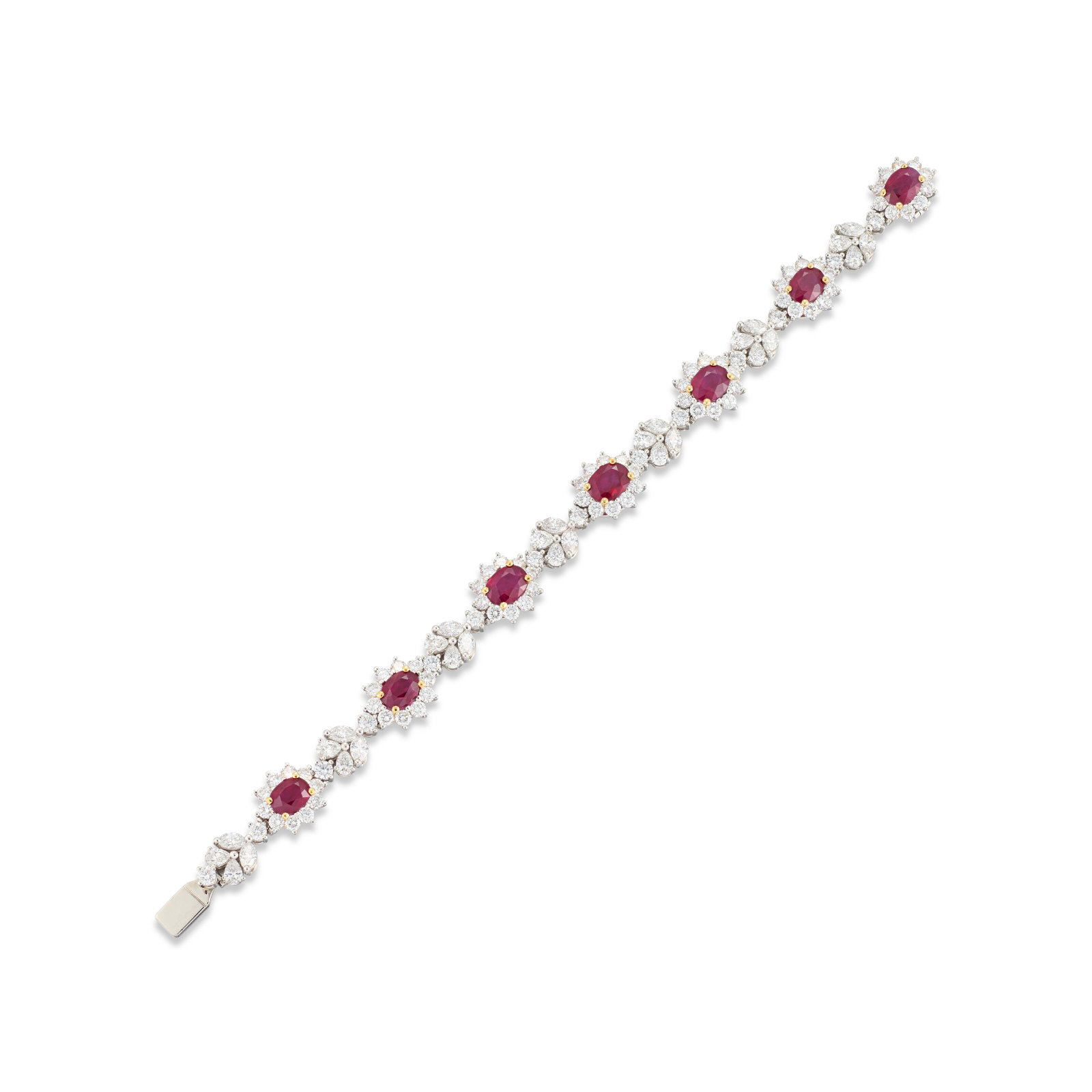 Details Oval-shaped rubies, pear-, marquise- and circular- cut diamonds, signed Tiffany & Co.,: Details Oval-shaped rubies, pear-, marquise- and circular- cut diamonds, signed Tiffany & Co., black Tiffany & Co. case Size/Dimensions: 17.5 cm Gross Weight: 28.6