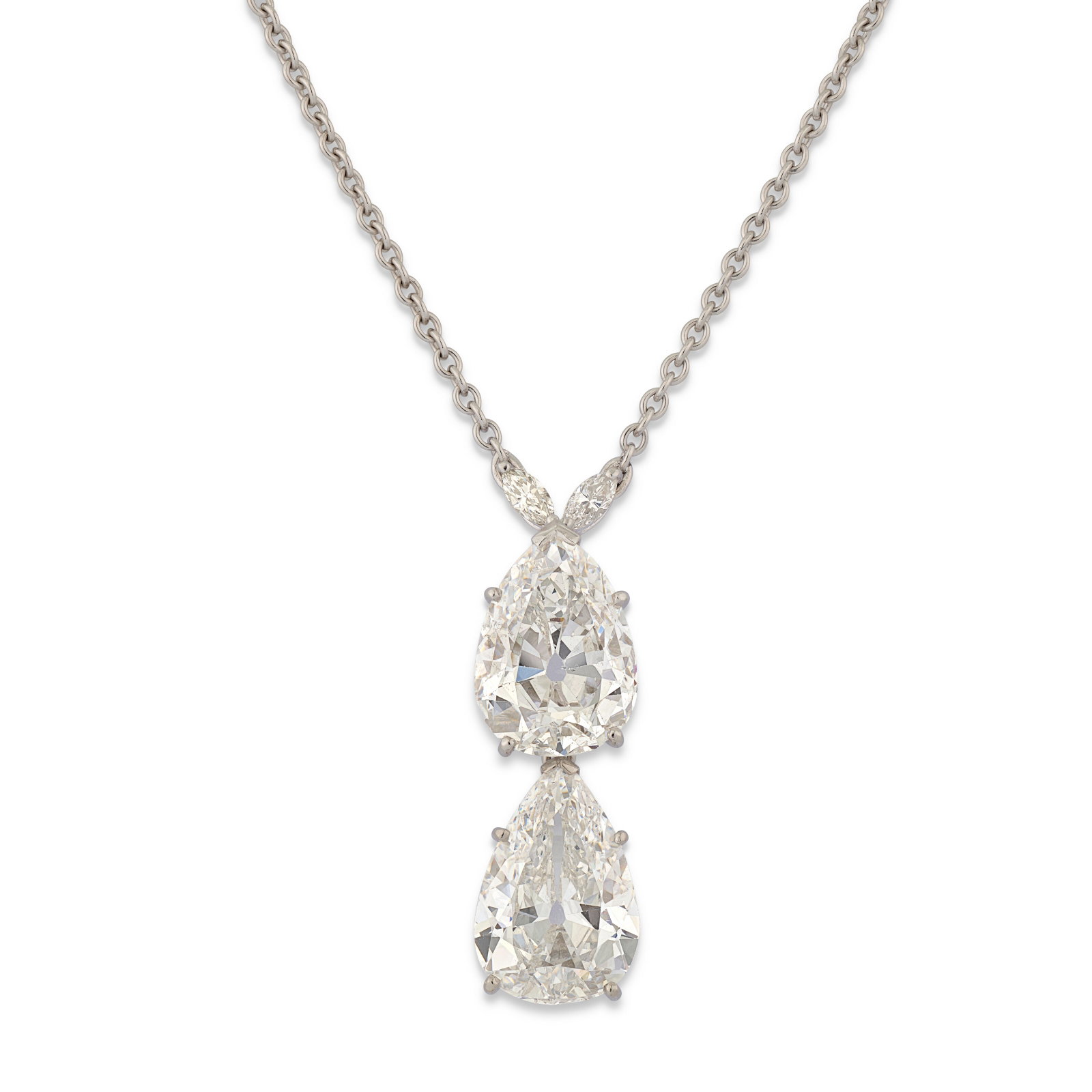Details Old pear-shaped diamonds of 4.84 and 5.95 carats, marquise-cut diamonds, with additional: Details Old pear-shaped diamonds of 4.84 and 5.95 carats, marquise-cut diamonds, with additional original brooch fitting that detaches into two pendants Size/Dimensions: necklace length adjustable to