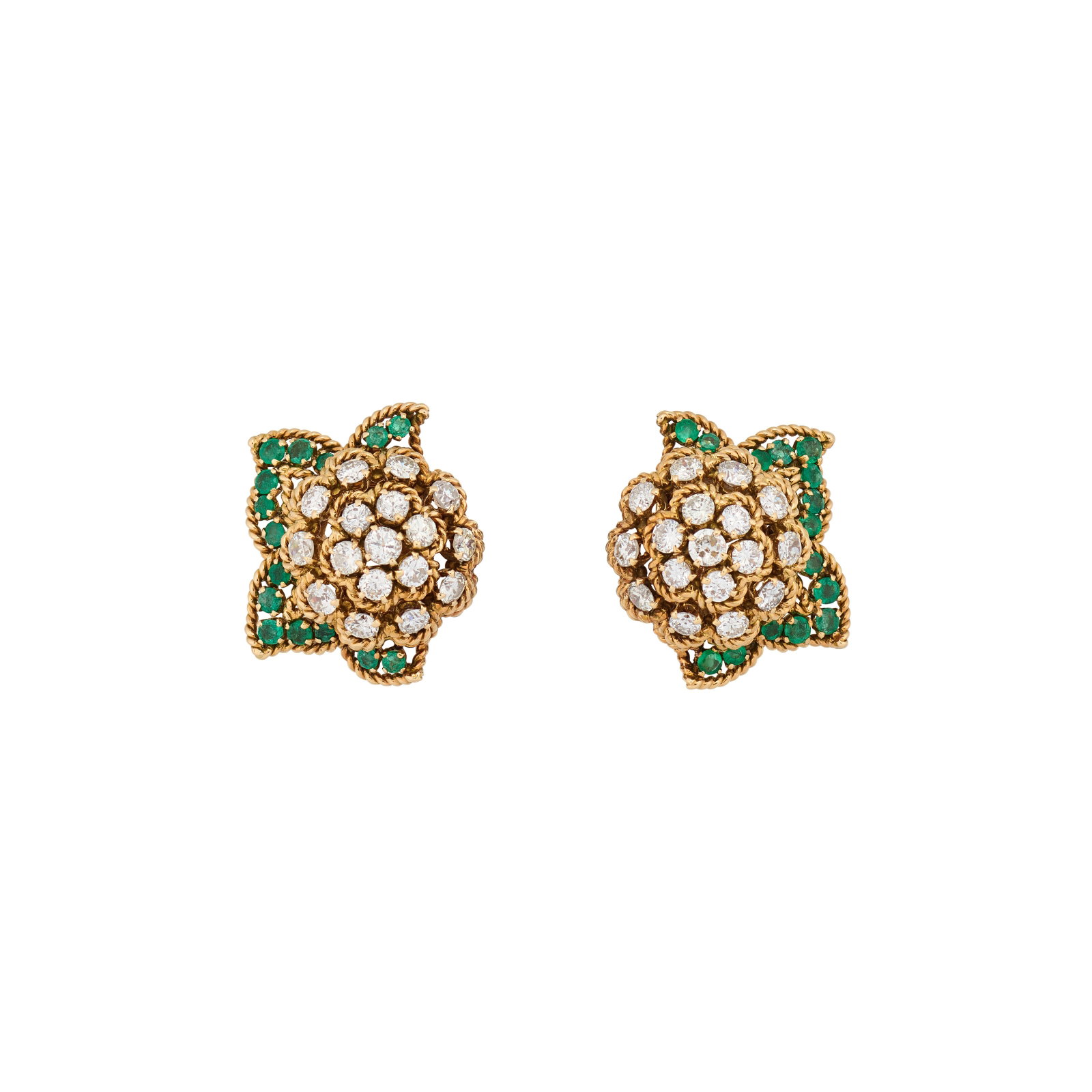 Details Circular-cut emeralds and diamonds, gold (French marks), circa 1960, signed Van Cleef &: Details Circular-cut emeralds and diamonds, gold (French marks), circa 1960, signed Van Cleef & Arpels, maker's marks (Péry & Fils), numbered, associated green Van Cleef & Arpels pouch
