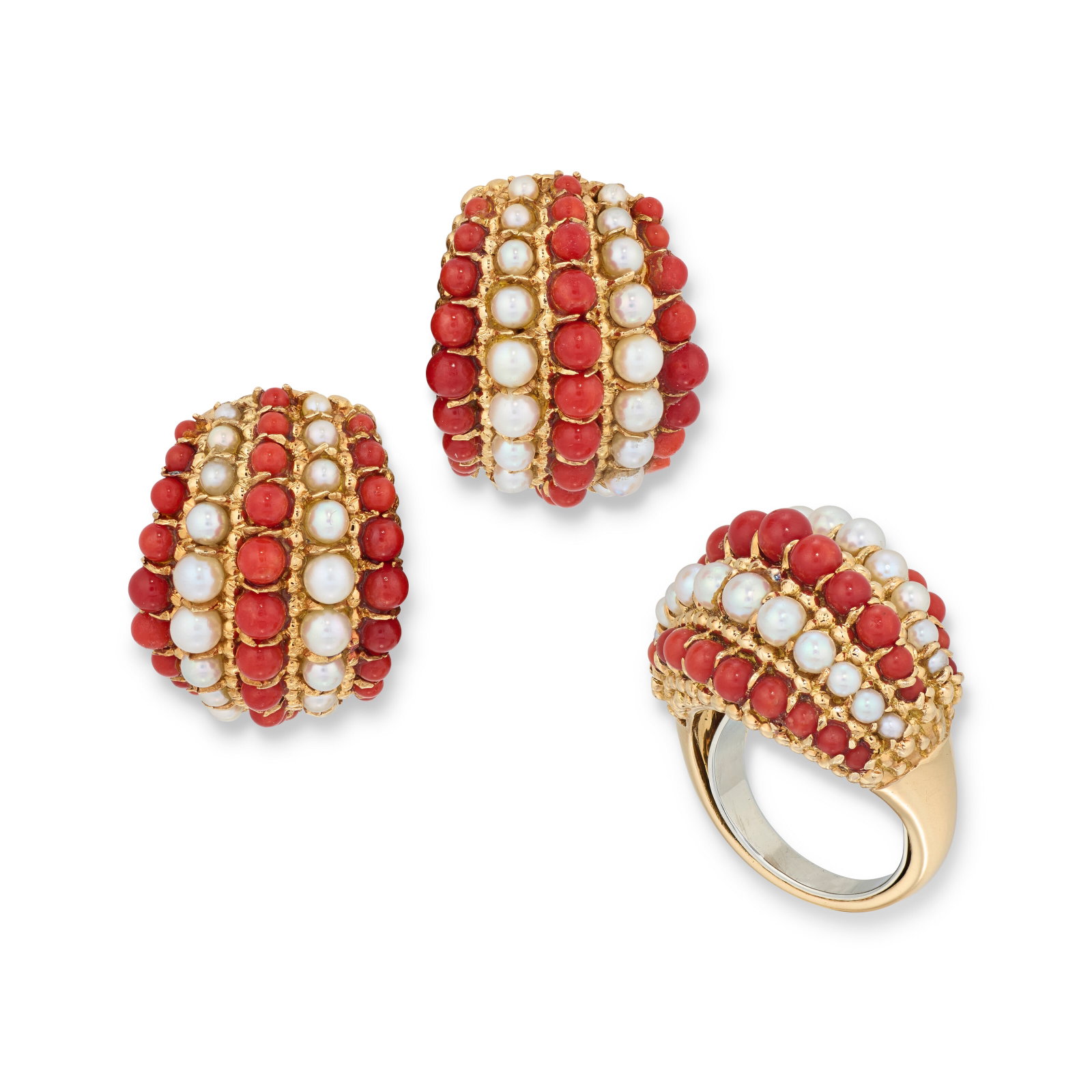 VAN CLEEF & ARPELS CORAL AND CULTURED PEARL 'TWIST' EARRING AND RING SET: Details Coral beads, cultured pearls, earrings gold (French marks), 1970s, signed V.C.A, earrings with maker's marks (Roger Stoffel et Compagnie), numbered Size/Dimensions: earrings 2.1 cm, UK ring si