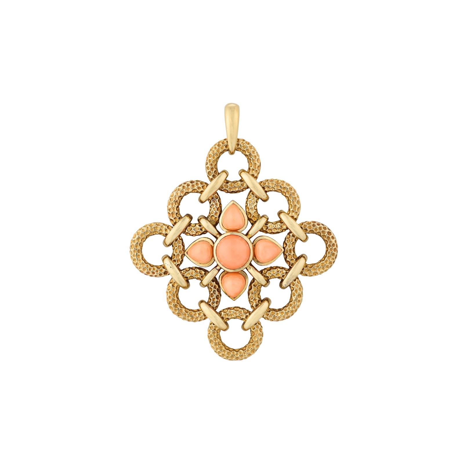 VAN CLEEF & ARPELS CORAL PENDANT: Details Pear and circular cabochon coral, gold (French marks), 1970s, signed VCA, maker's mark (André Vassort), numbered Size/Dimensions: 7.0 (including bail) x 5.8 cm Gross Weight: 48.5 grams Th