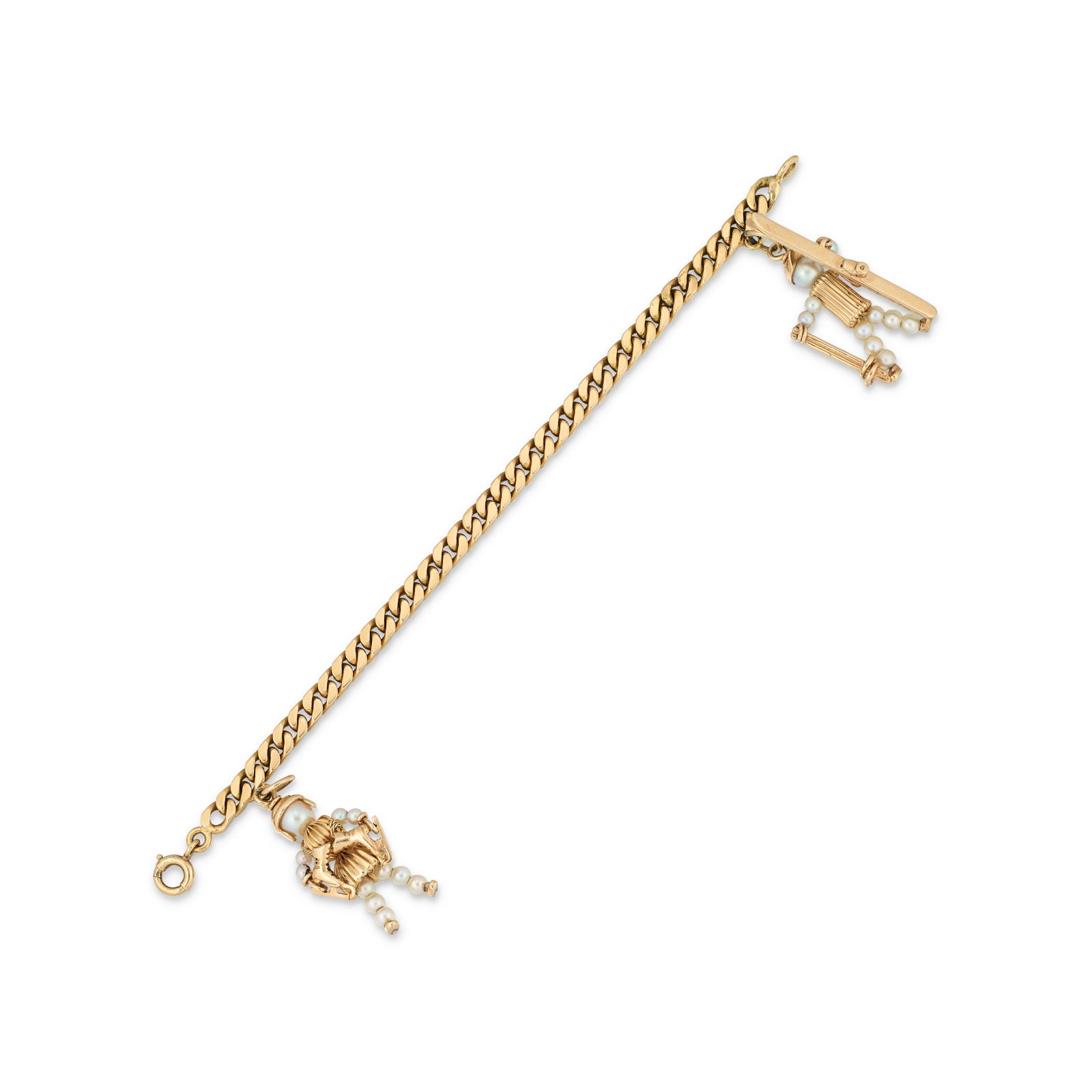 VAN CLEEF & ARPELS BRACELET: Details Composed of a series of polished curb links, gold (French marks), 1980s, signed VCA, maker's mark (Rey-Coquais et fils), numbered, suspending two unsigned novelty charms, a skier and ice skati