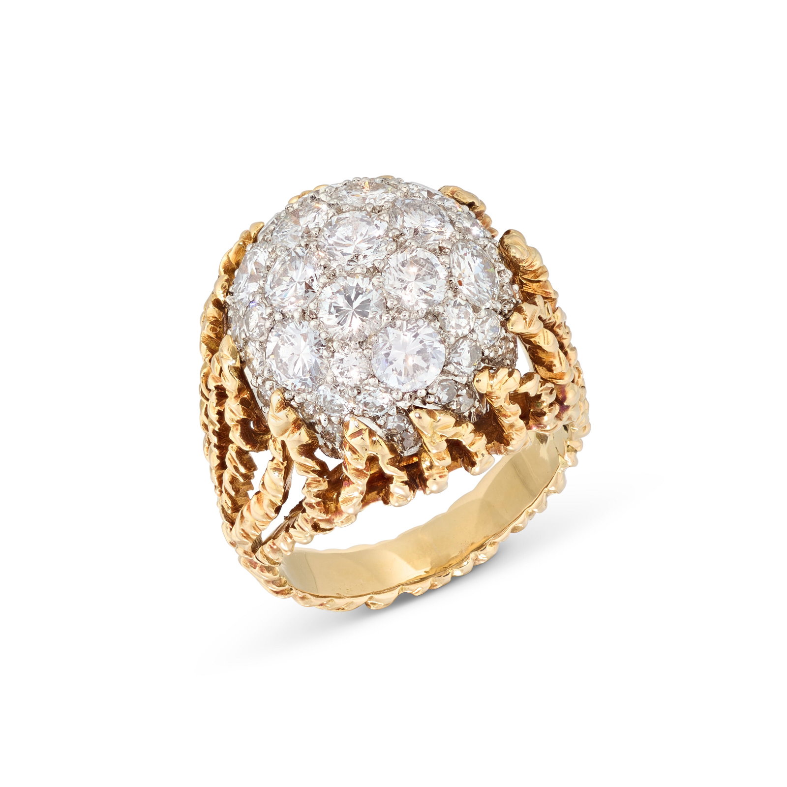 VAN CLEEF & ARPELS DIAMOND BOMBÉ RING: Details Circular-cut diamonds, platinum and gold (French marks), 1970s, signed Van Cleef & Arpels, numbered Size/Dimensions: UK ring size O Gross Weight: 16.2 grams
