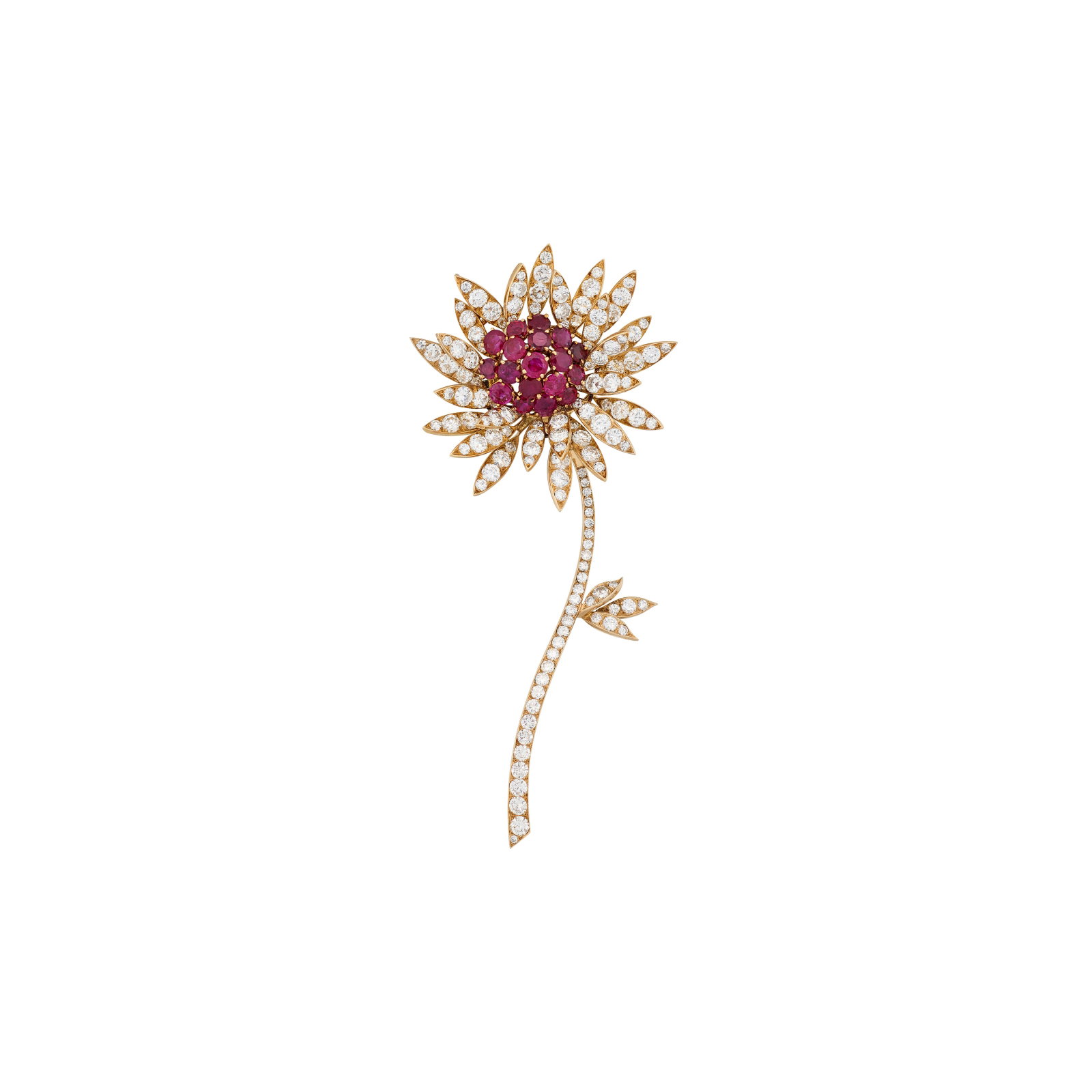 VAN CLEEF & ARPELS RUBY AND DIAMOND FLOWER BROOCH: Details Circular-cut rubies and diamonds, gold (French marks), 1970s, signed Van Cleef & Arpels, numbered, stem detachable Size/Dimensions: 11.0 x 4.8 cm, flowerhead 4.8 x 4.8 cm Gross Weight: 30.6 gr