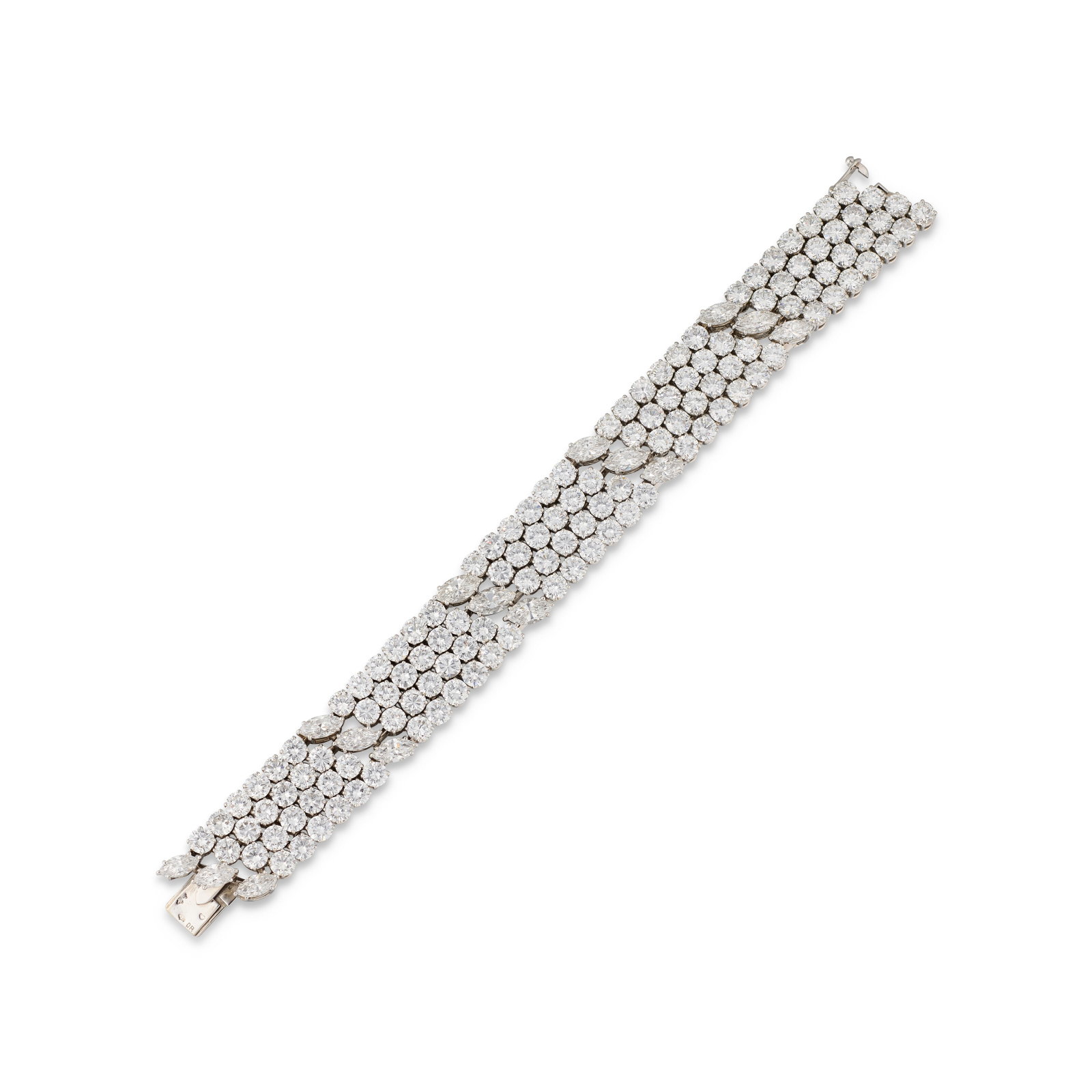 VAN CLEEF & ARPELS DIAMOND BRACELET: Details Pear- and circular-cut diamonds, platinum and gold (French marks), 1960s, signed Van Cleef & Arpels, maker's marks (Van Cleef & Arpels and Pascal Mirra), numbered, brown Van Cleef & Arpels pou