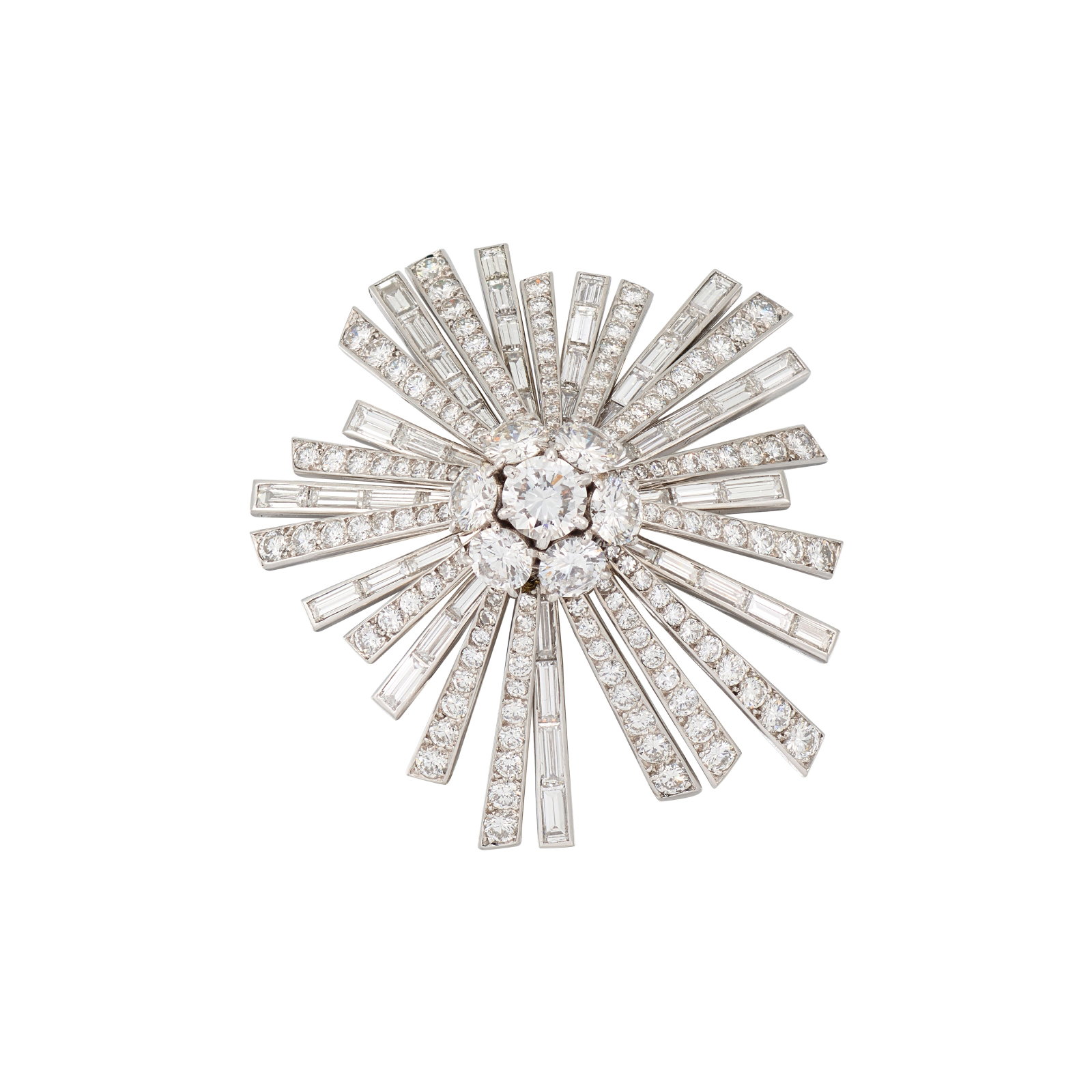 CARTIER DIAMOND 'SUN' BROOCH: Details Circular- and baguette-cut diamonds, gold (French marks), 1963, signed Cartier Paris, marker's mark (Société Anonyme Cartier), numbered, black Cartier pouch Cartier, 2006: Copy of Ce