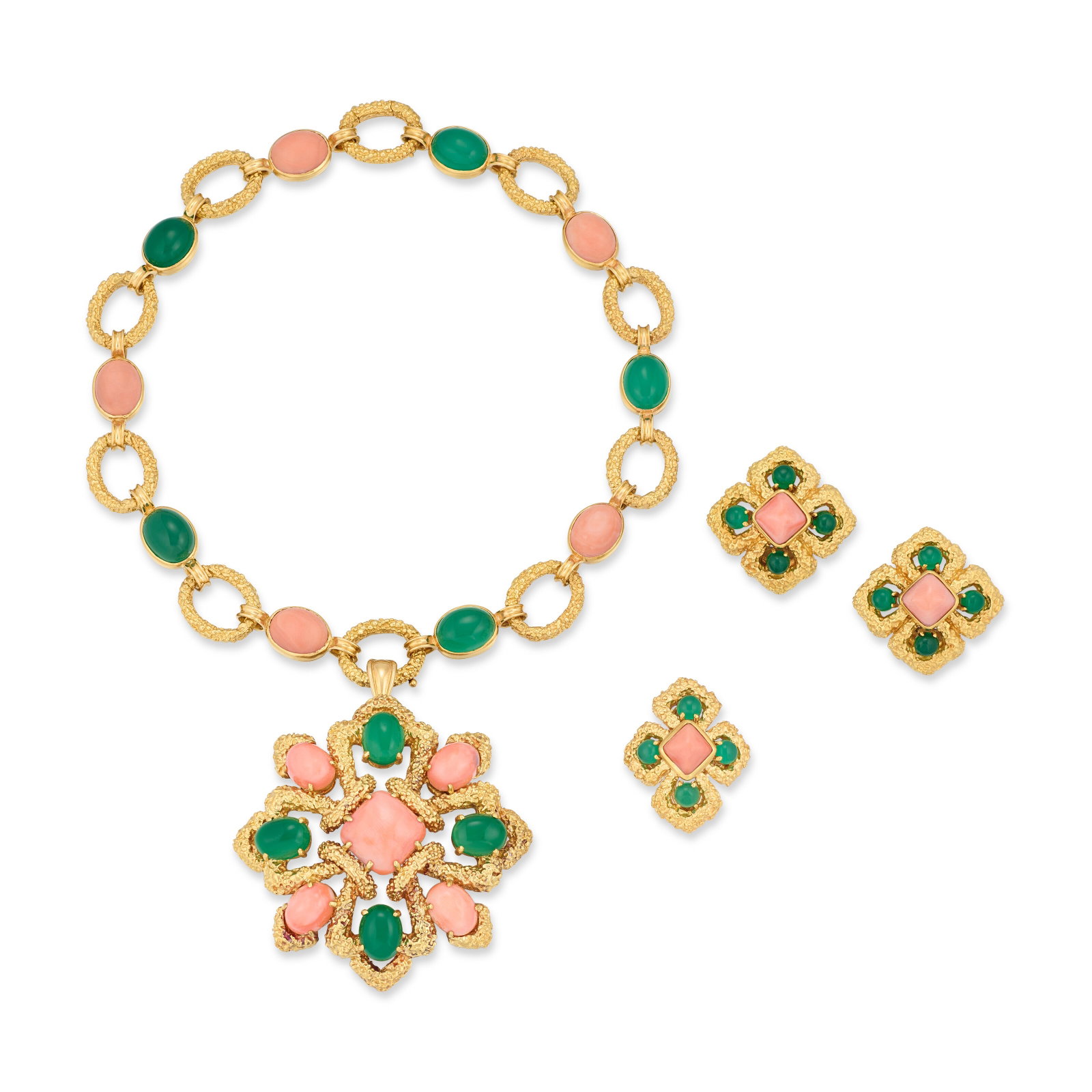 VAN CLEEF & ARPELS CORAL AND CHRYSOPRASE 'DELPHES' SUITE: Details Comprising a choker necklace that converts into two bracelets, a pendant/brooch, a pair of earrings and a ring Square sugarloaf and oval cabochon coral, oval and circular cabochon chrysoprase,