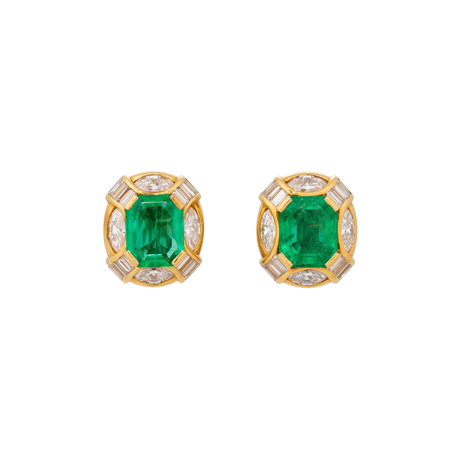 BULGARI EMERALD AND DIAMOND EARRINGS: Details Rectangular-cut emeralds, marquise- and baguette-cut diamonds, 1970s, signed Bvlgari, beige Bulgari pouch Gem & Pearl Laboratory, 2026, report no. 27058: Colombia, evidence of moderate clarity