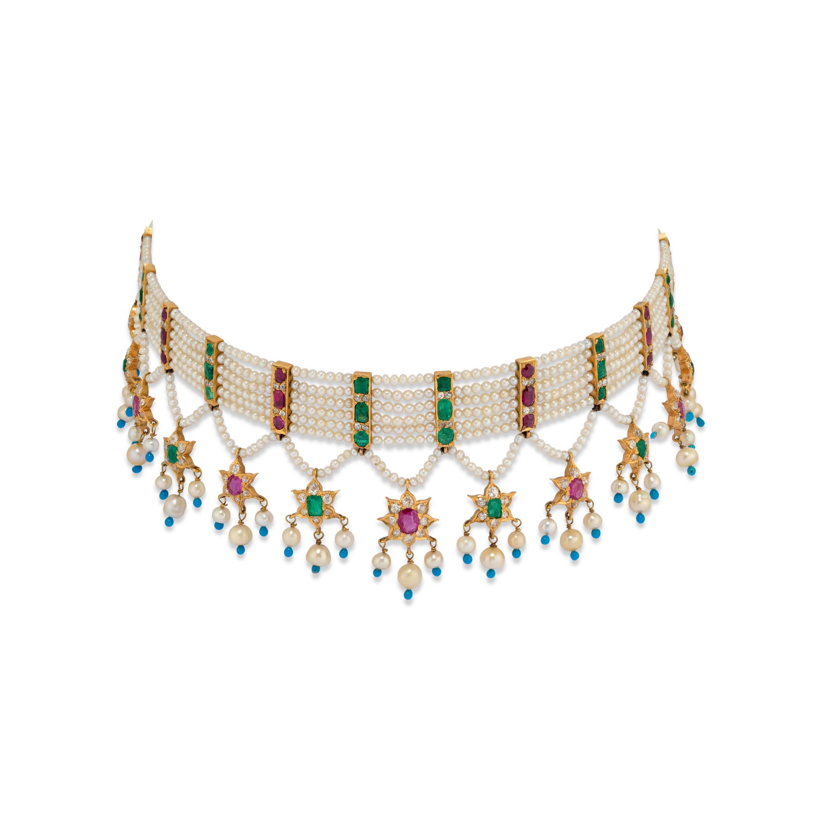 EARLY 20TH CENTURY MULTI-GEM, PEARL AND DIAMOND NECKLACE: Details In the Indian style, pearls and seed pearls, old rectangular-, cushion- and vari-shaped rubies and emeralds, old-cut diamonds, turquoise coloured glass beads, gold (French import marks), circa