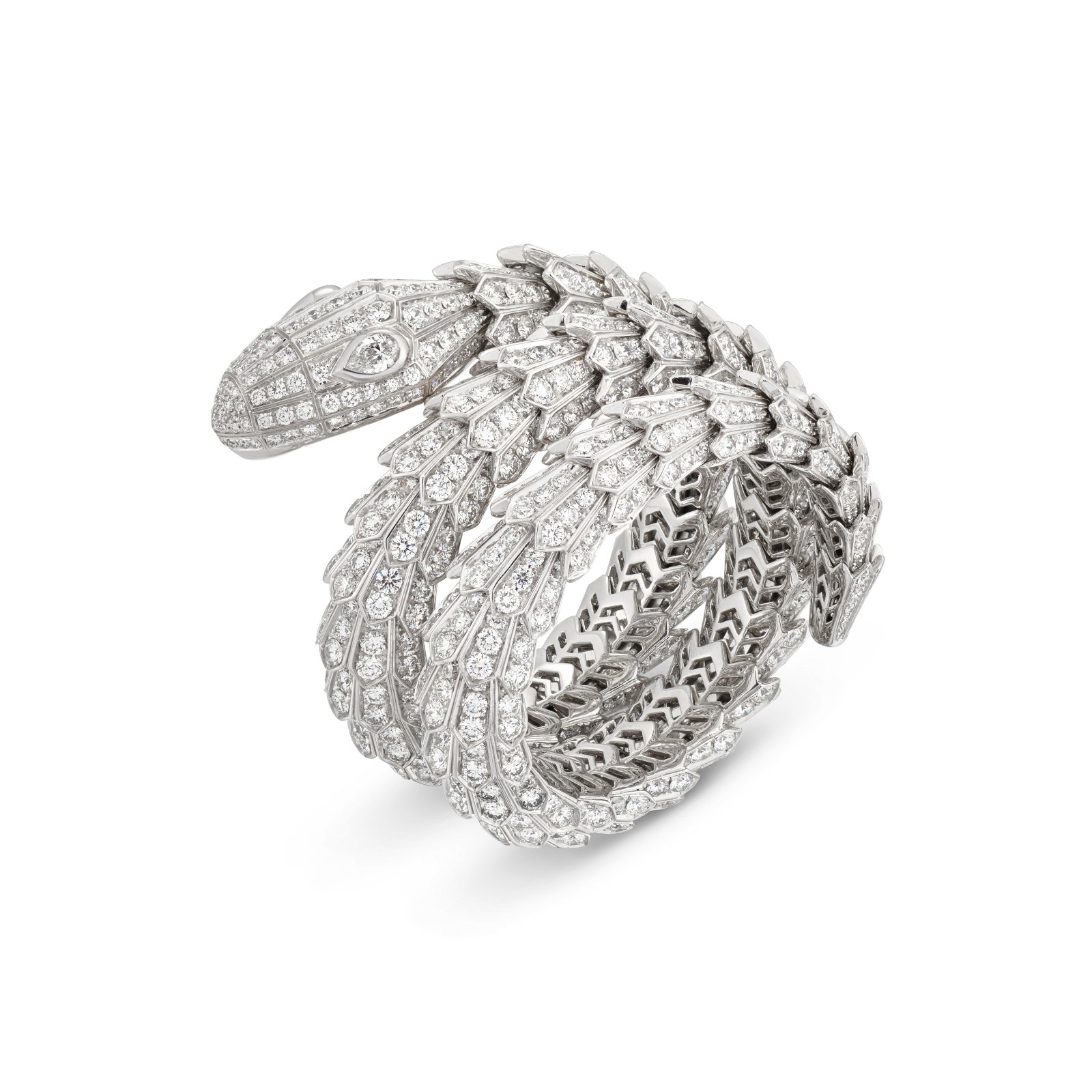 BULGARI DIAMOND ‘SERPENTI’ BANGLE: Details Circular-cut diamonds, pear-shaped diamond eyes, signed Bvlgari, maker’s mark (Bulgari Gioielli spa), numbered Bulgari Gemmological Center, 2013: Gem Report no. 9004 Size/Dimensions: fle