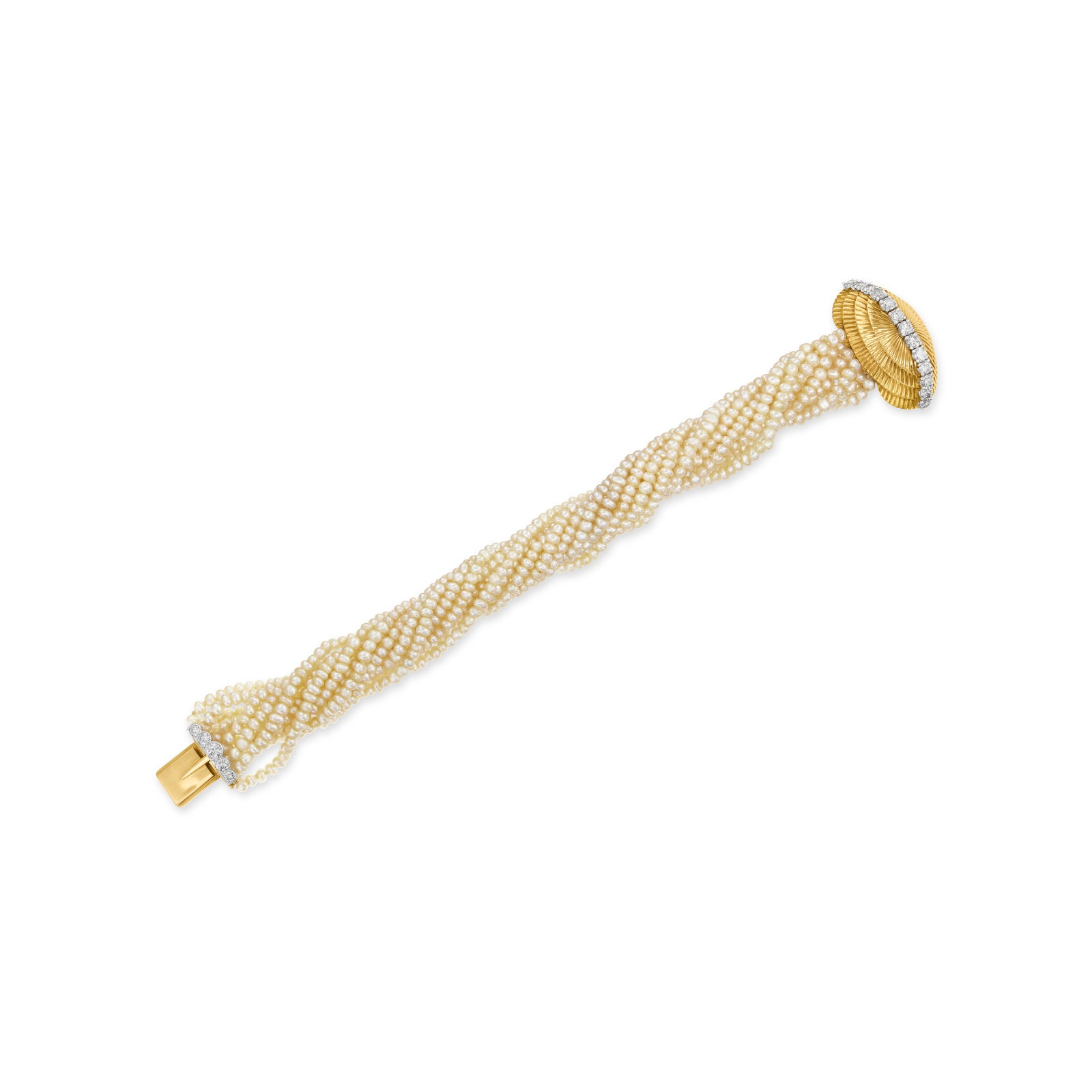 CARTIER SEED PEARL AND DIAMOND TORSADE BRACELET: CARTIER SEED PEARL AND DIAMOND TORSADE BRACELET Details Twelve strands of seed pearls, round diamonds, 18k yellow gold and platinum (French marks), circa 1955, signed Cartier, Paris, maker’s