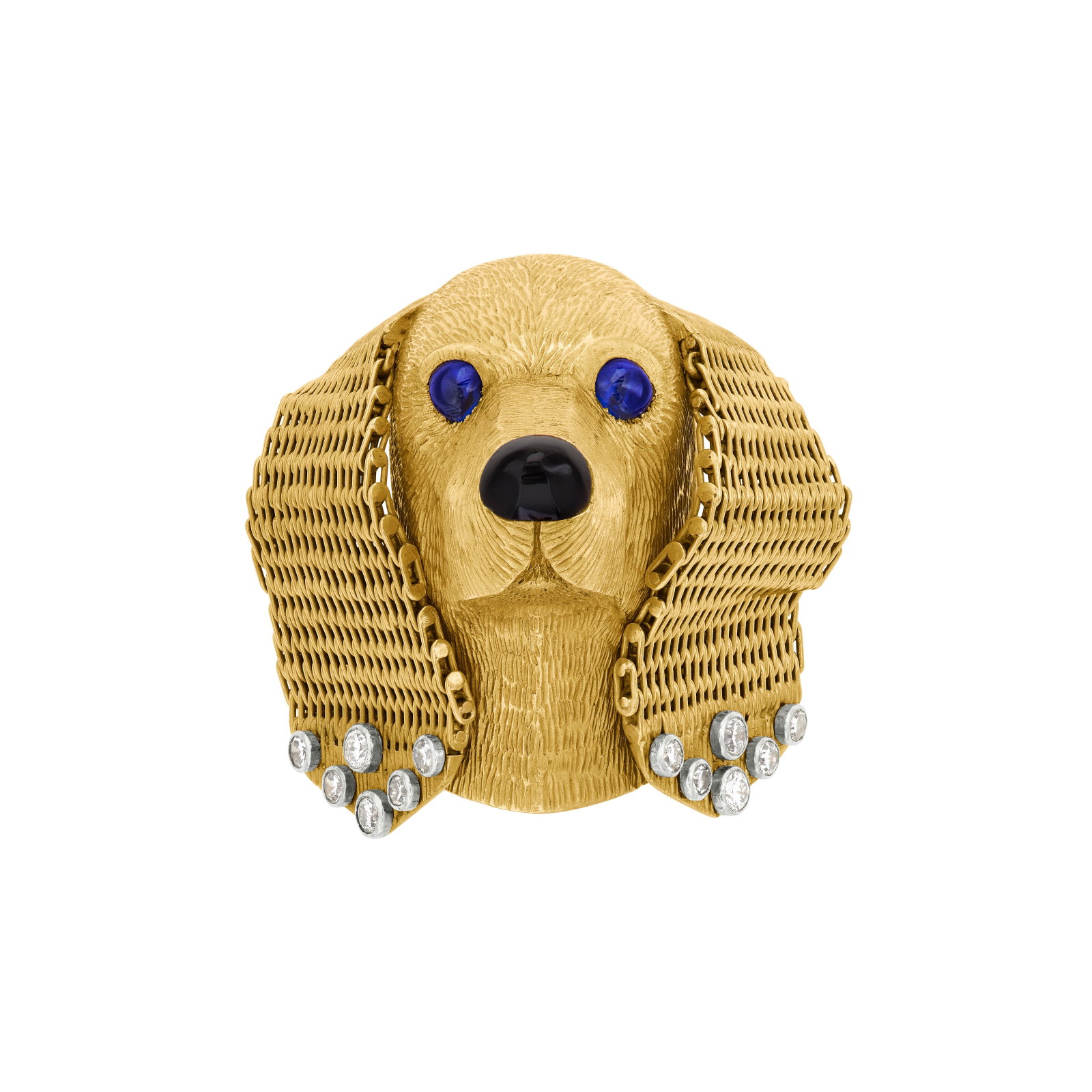 CARTIER SAPPHIRE, ONYX AND DIAMOND DOG BROOCH: CARTIER SAPPHIRE, ONYX AND DIAMOND DOG BROOCH Details Designed as a dog's head with articulated ears, round sapphire cabochons, carved onyx, round diamonds, 18k yellow gold and platinum (French