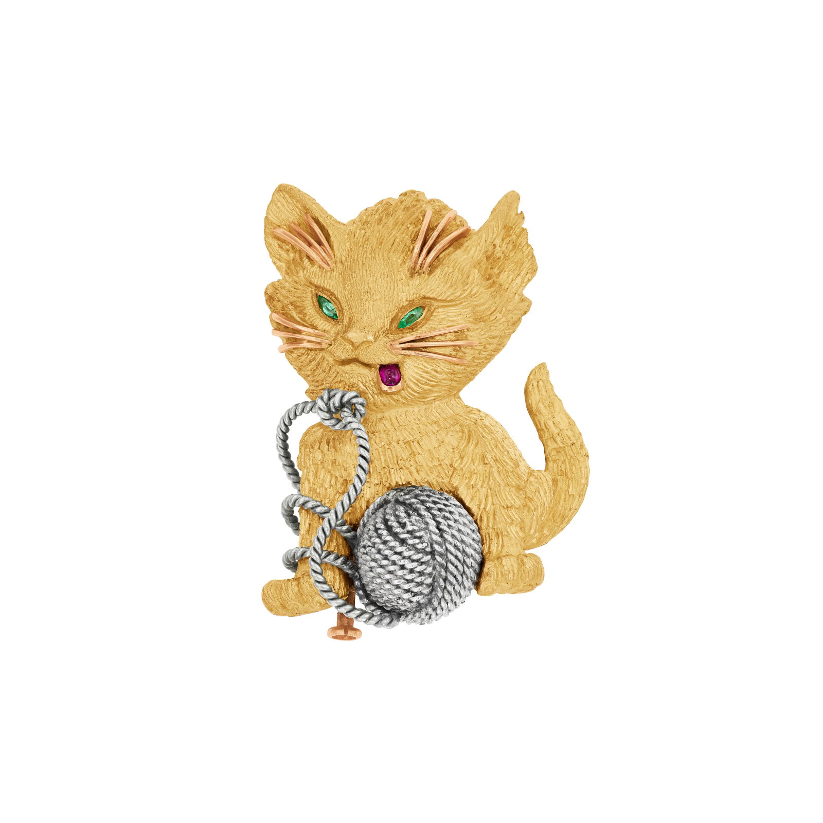 TIFFANY & CO. EMERALD, RUBY AND BI-COLORED GOLD CAT BROOCH: TIFFANY & CO. EMERALD, RUBY AND BI-COLORED GOLD CAT BROOCH Details Designed as a cat, marquise-shaped emeralds, round cabochon ruby, 20k yellow gold and 18k yellow and white gold (French marks),