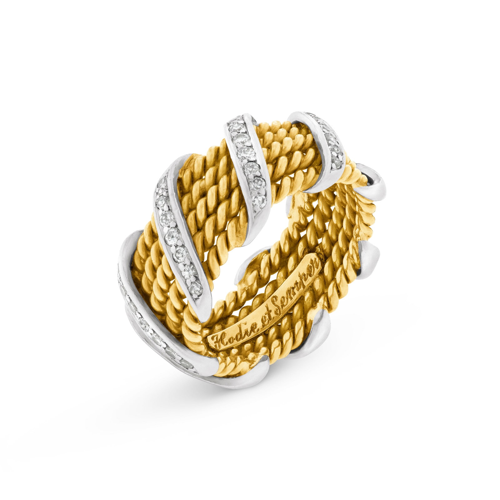 TIFFANY & CO., JEAN SCHLUMBERGER DIAMOND AND GOLD FIVE-ROW 'ROPE' RING: TIFFANY & CO., JEAN SCHLUMBERGER DIAMOND AND GOLD FIVE-ROW 'ROPE' RING Details Round diamonds, 18k yellow gold and platinum, signed Tiffany, Schlumberger Size/Dimensions: US ring size 6 Gross Weight: 