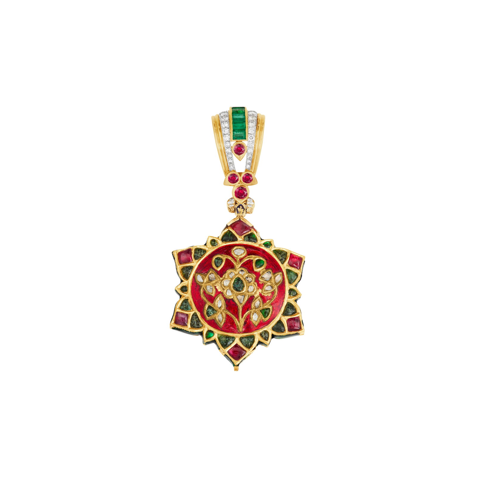 MULTI-GEM, ENAMEL AND DIAMOND ENHANCER-PENDANT, MOUNTED BY CARTIER: MULTI-GEM, ENAMEL AND DIAMOND ENHANCER-PENDANT, MOUNTED BY CARTIER Details Enhancer of rectangular-shaped emeralds, round rubies and diamonds, 18k yellow gold (French mark) and platinum, circa 1950,