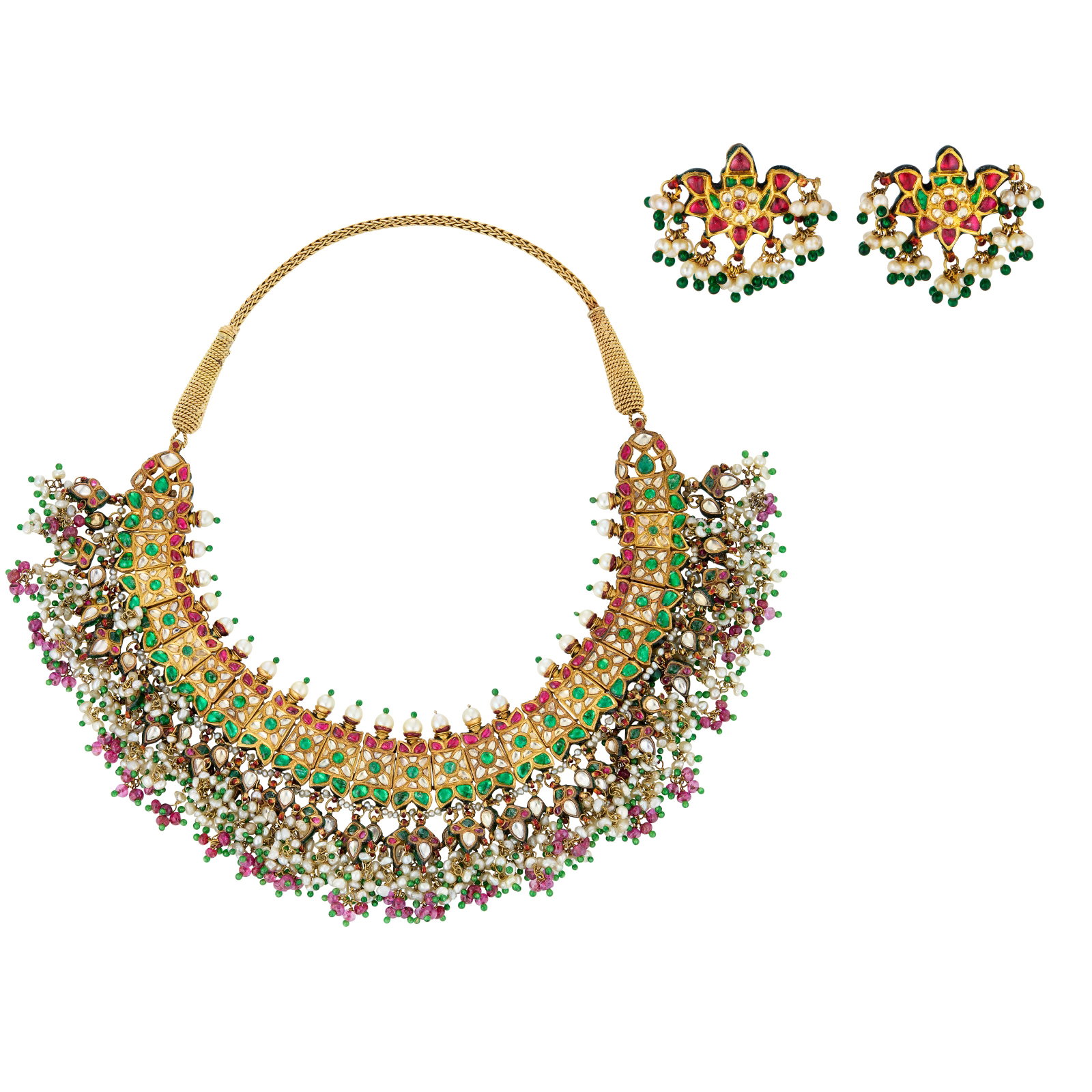 CARTIER MULTI-GEM, DIAMOND AND ENAMEL NECKLACE AND UNSIGNED PAIR OF EARRINGS: CARTIER MULTI-GEM, DIAMOND AND ENAMEL NECKLACE AND UNSIGNED PAIR OF EARRINGS Details Variously-shaped rubies, emeralds and diamonds, ruby beads, near-round and seed pearls, red, green, blue and white 