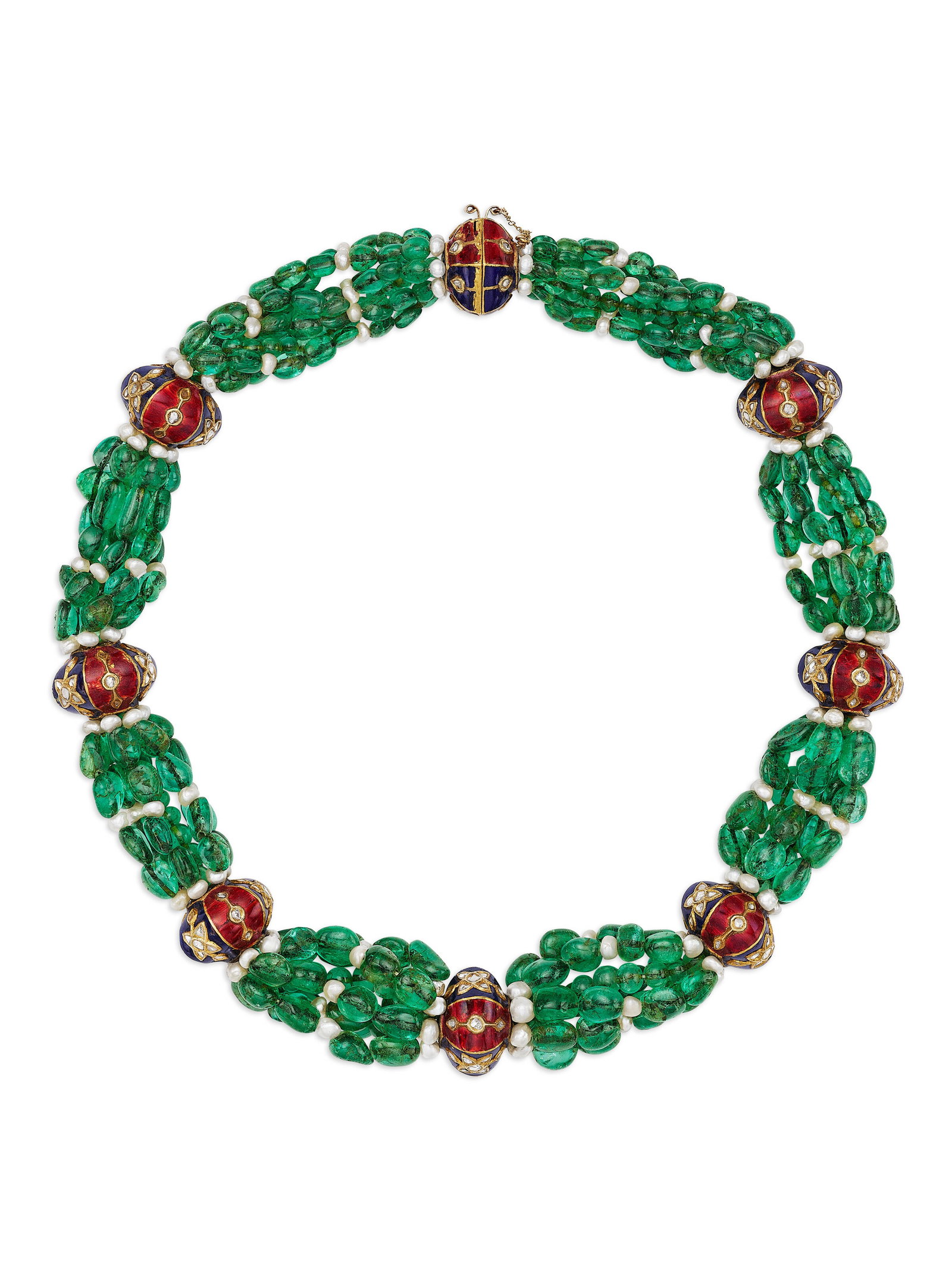 INDIAN MULTI-GEM, DIAMOND, AND ENAMEL NECKLACE: INDIAN MULTI-GEM, DIAMOND, AND ENAMEL NECKLACE Details Emerald beads, pearls, rose-cut diamonds, red and blue enamel, yellow gold Size/Dimensions: 40.6 cm (16 in) Gross Weight: 197.5 grams Further