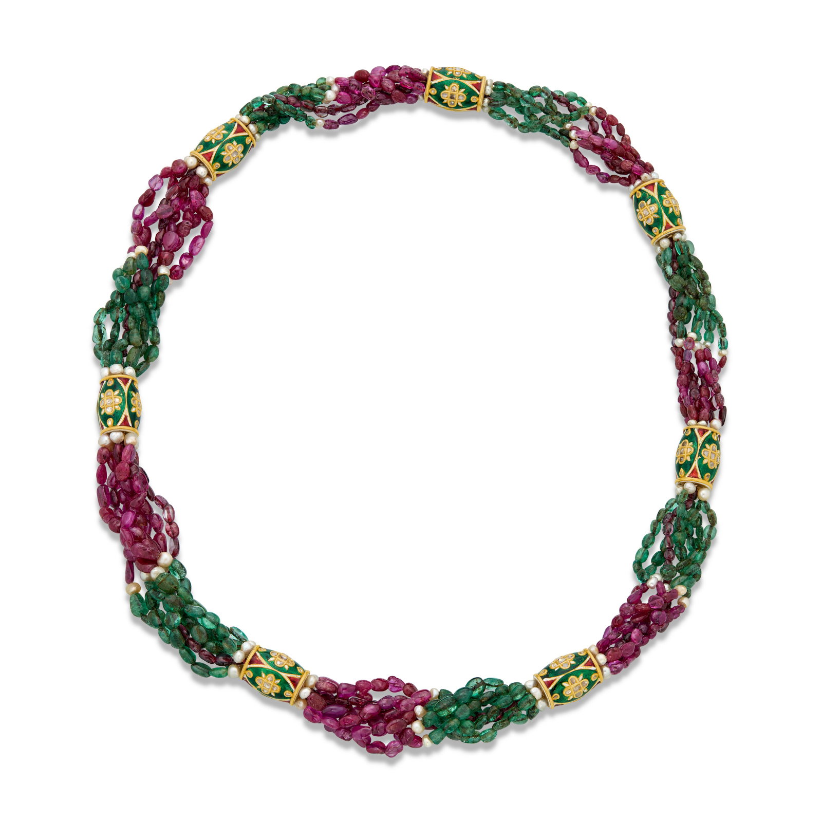 INDIAN MULTI-GEM, DIAMOND, AND ENAMEL NECKLACE: INDIAN MULTI-GEM, DIAMOND, AND ENAMEL NECKLACE Details Ruby and emerald beads, pearls, rose-cut diamonds, red, green, blue and white enamel, yellow gold Size/Dimensions: 76.2 cm (30 in) Gross Weight: