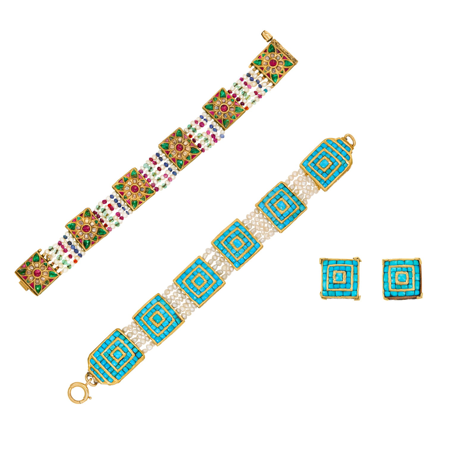 PAIR OF INDIAN MULTI-GEM AND ENAMEL BRACELETS AND EARRINGS: PAIR OF INDIAN MULTI-GEM AND ENAMEL BRACELETS AND EARRINGS Details One pair of buff top turquoise cabochon and enamel earrings; one bracelet with buff top turquoise, seed pearls, and enamel; one