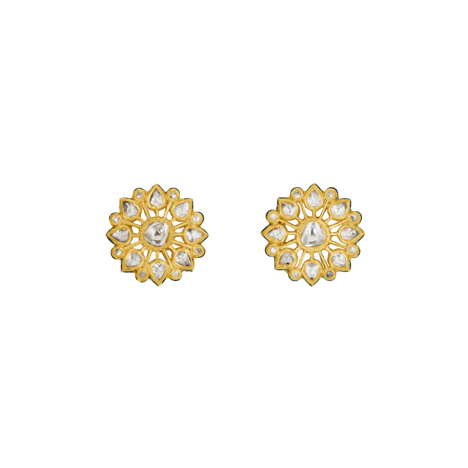 INDIAN DIAMOND AND ENAMEL EARRINGS: INDIAN DIAMOND AND ENAMEL EARRINGS Details Table and rose-cut diamonds, red, green, white and blue enamel, yellow gold, earring backs of later addition Size/Dimensions: 2.2 cm (7⁄8 in) Gross