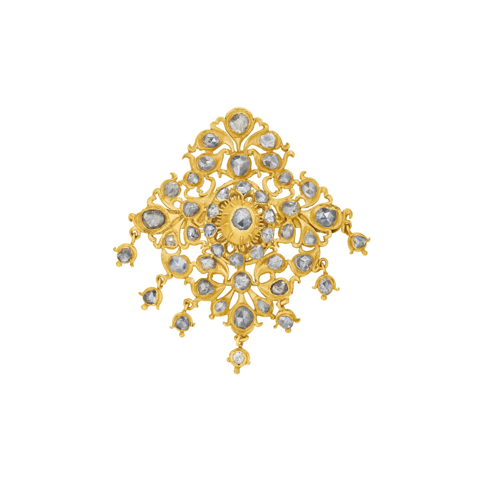 INDIAN DIAMOND AND GOLD BROOCH: INDIAN DIAMOND AND GOLD BROOCH Details Foil-backed rose-cut diamonds, yellow gold Size/Dimensions: 5.7 x 5.1 cm (21⁄4 x 2 in) Gross Weight: 35.2 grams