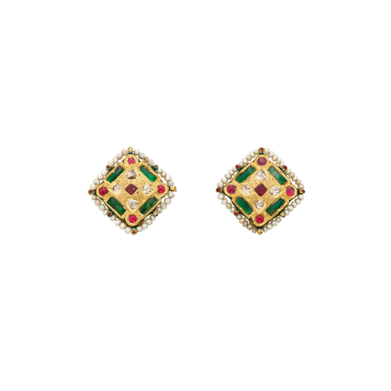 INDIAN MULTI-GEM, DIAMOND AND ENAMEL EARRINGS (1 of 3)