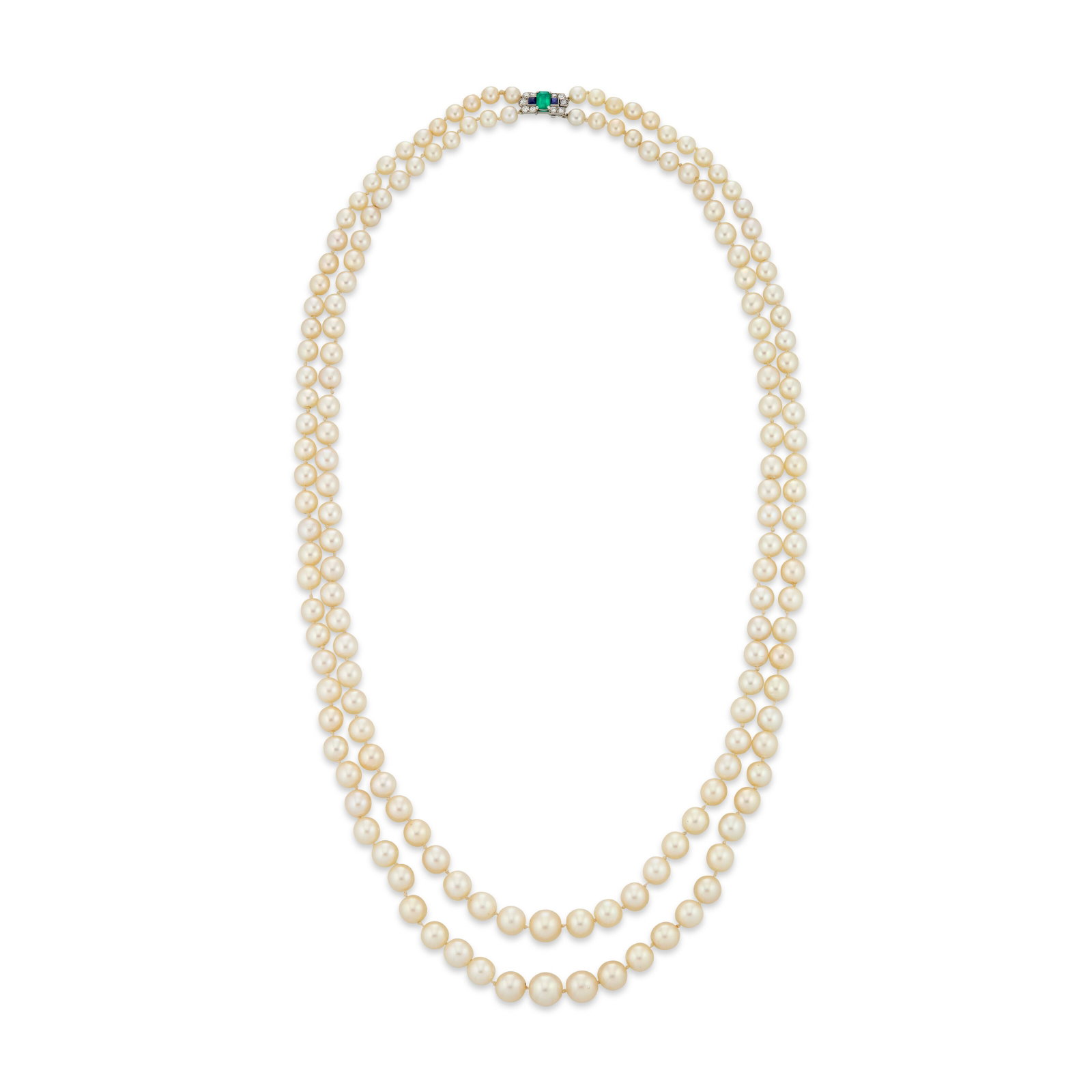 CARTIER CULTURED PEARL, NATURAL PEARL, MULTI-GEM AND DIAMOND NECKLACE: CARTIER CULTURED PEARL, NATURAL PEARL, MULTI-GEM AND DIAMOND NECKLACE Details Of two strands, cultured and natural pearls of 10.10 to 5.65 mm, emerald-cut emerald, calibré-cut sapphires, round