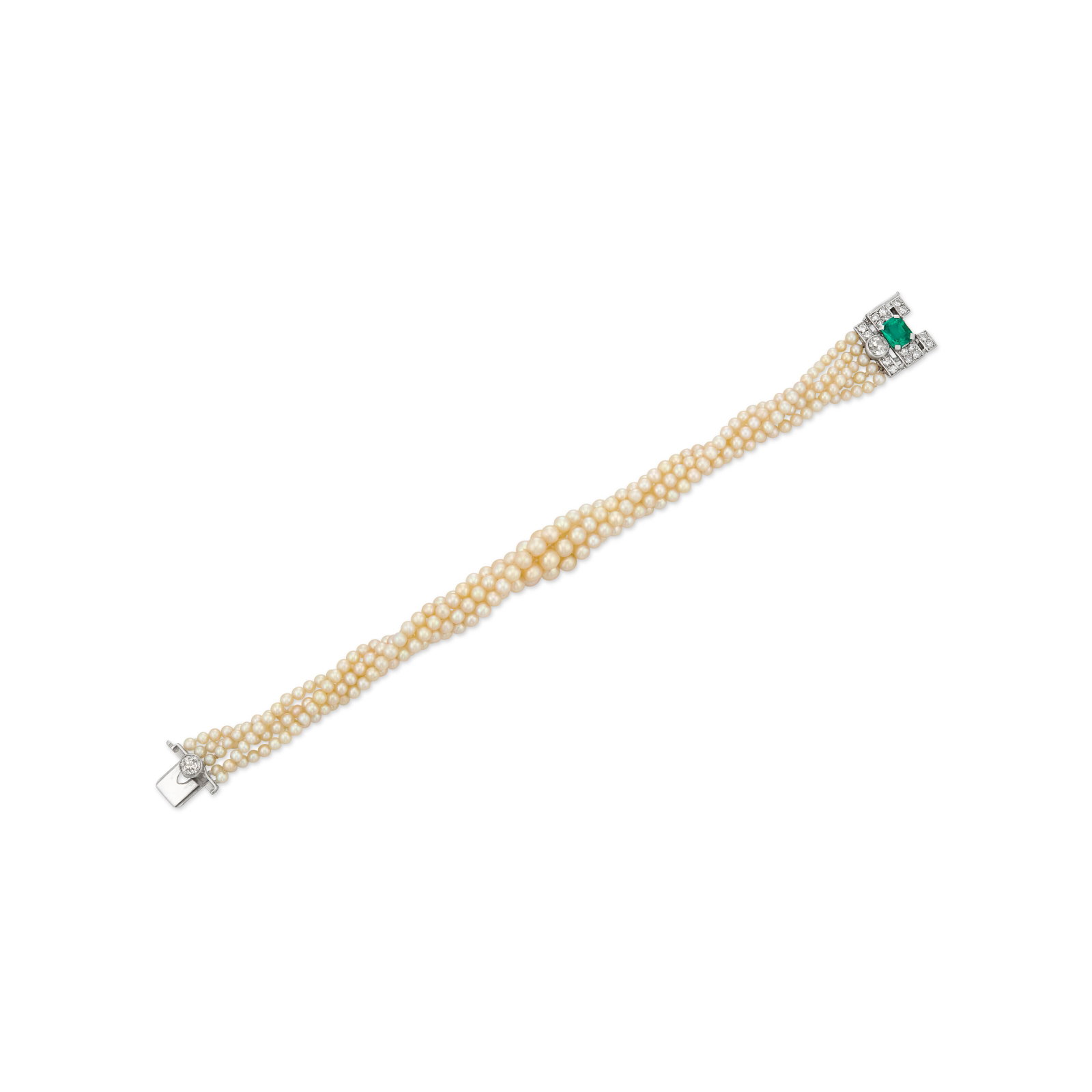 CARTIER SEED PEARL, EMERALD AND DIAMOND TORSADE BRACELET: CARTIER SEED PEARL, EMERALD AND DIAMOND TORSADE BRACELET Details Designed as five rows of seed pearls, measuring approximately 4.04 to 2.30 mm, emerald-cut emerald, old and single-cut diamonds,