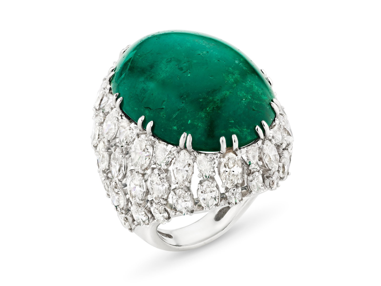 EMERALD AND DIAMOND RING: EMERALD AND DIAMOND RING Details Oval cabochon emerald, marquise and triangular-cut diamonds, platinum (French mark), circa 1955 AGL, 2026, report no. 1156090: Colombia, clarity enhancement: minor,