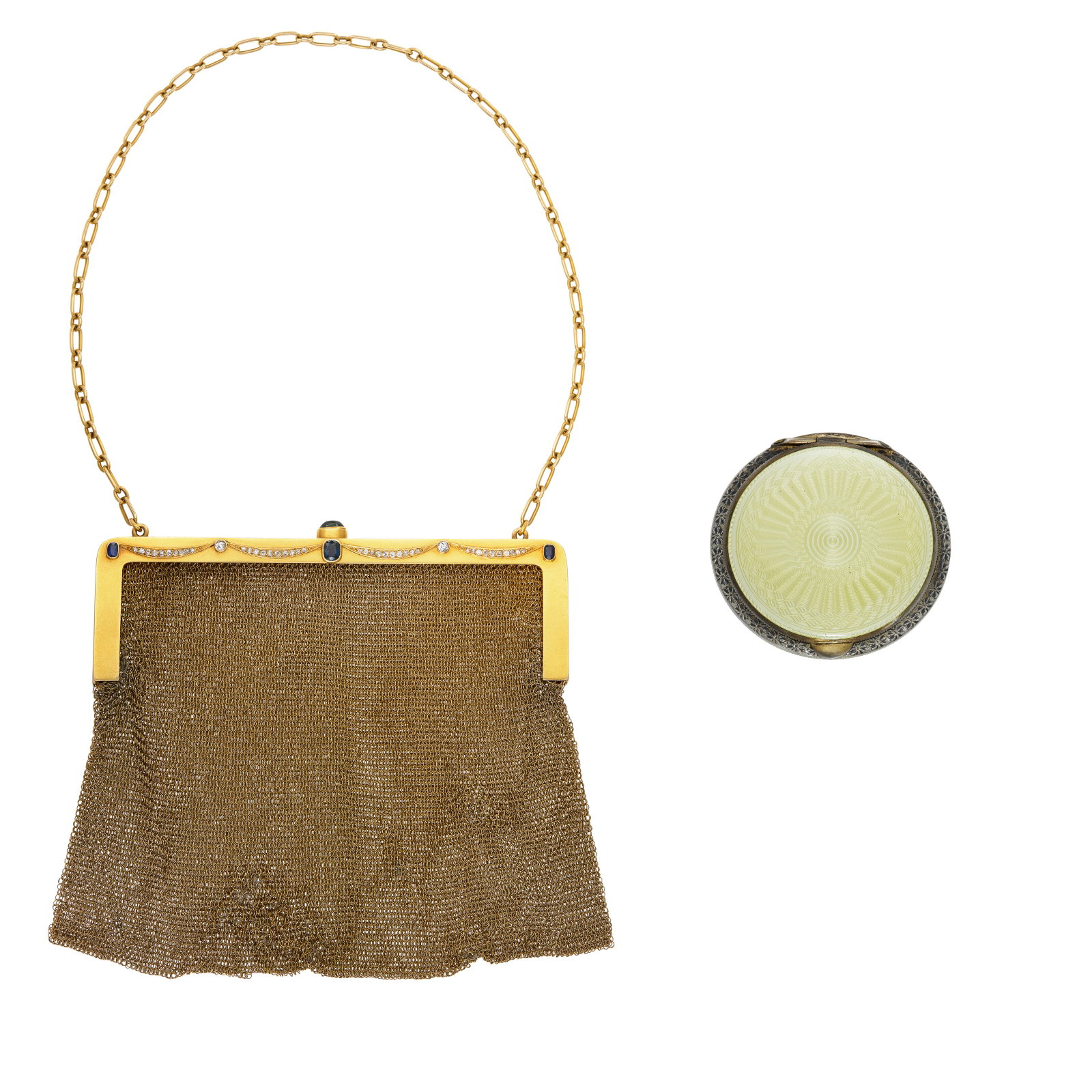 ANTIQUE SAPPHIRE, DIAMOND AND GOLD MESH EVENING BAG: ANTIQUE SAPPHIRE, DIAMOND AND GOLD MESH EVENING BAG Details Opening to reveal single compartment, oval cabochon and cushion-cut sapphires, old-cut diamonds, 14k yellow gold, circa 1915; accompanied