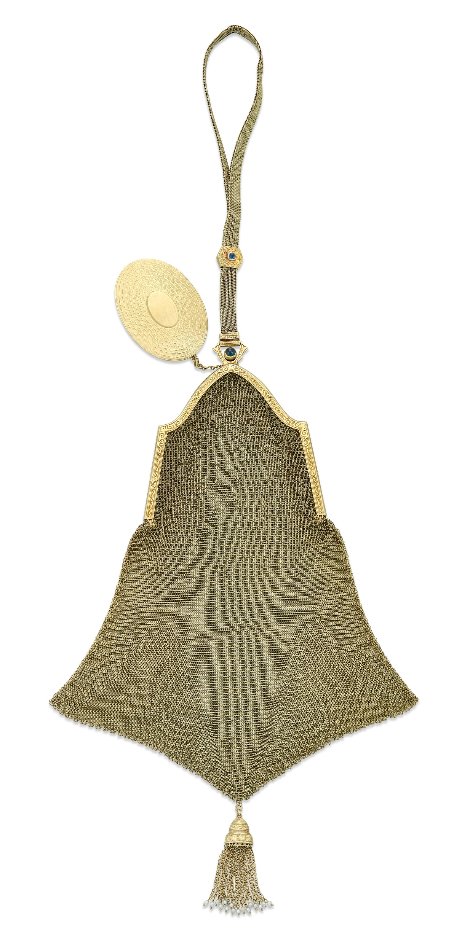 ANTIQUE SAPPHIRE, SEED PEARL AND GOLD MESH EVENING BAG: ANTIQUE SAPPHIRE, SEED PEARL AND GOLD MESH EVENING BAG Details Opening to reveal a single compartment and a mirror attachment, round cabochon sapphire, seed pearls, 14k yellow gold, circa 1915 Size/Di
