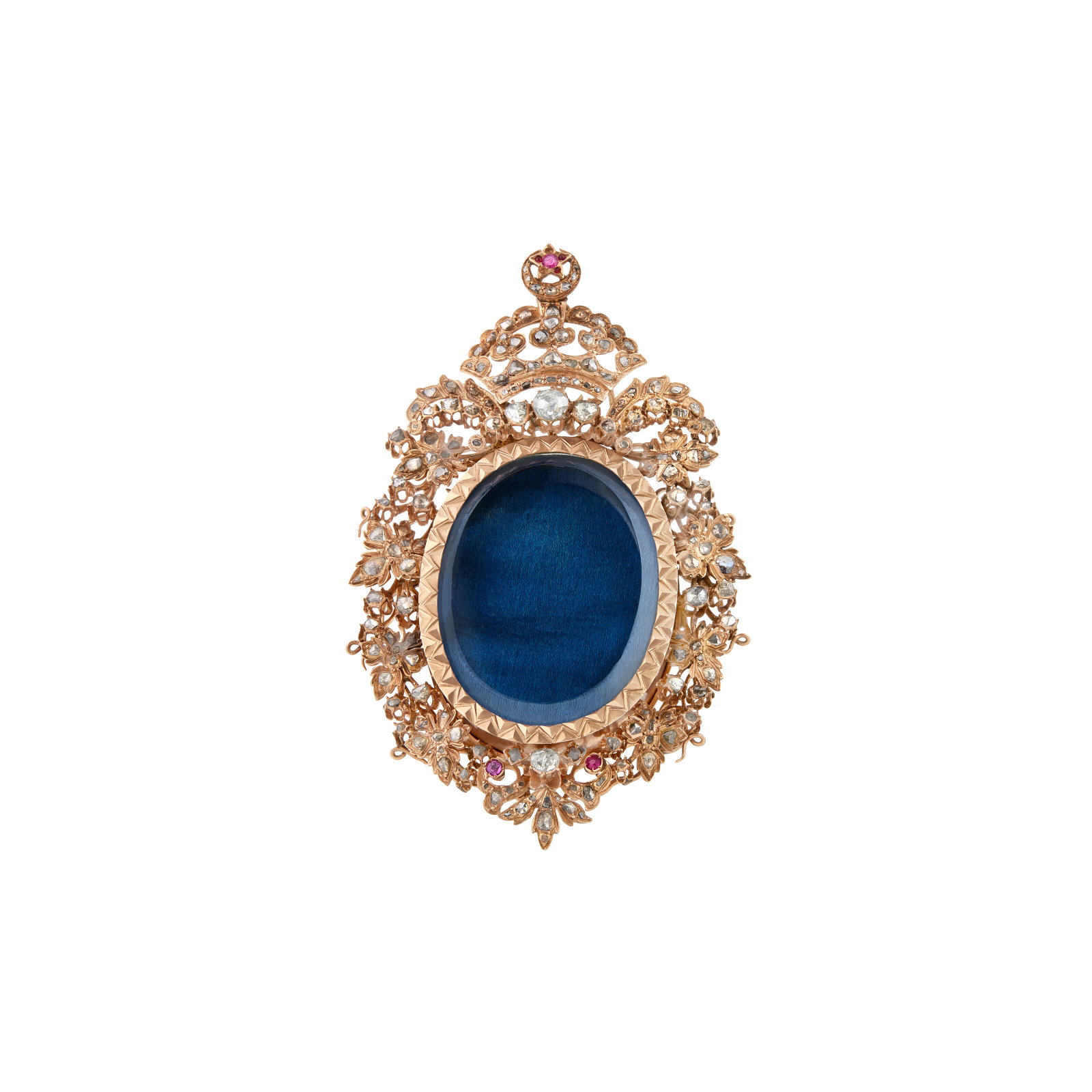 ANTIQUE RUBY AND DIAMOND FRAME: ANTIQUE RUBY AND DIAMOND FRAME Details Round cabochon and round rubies, rose-cut diamonds, yellow gold and base metal, circa 1910 Size/Dimensions: 10.7 x 6.9 x 1.2 cm (41⁄4 x 23⁄4 x
