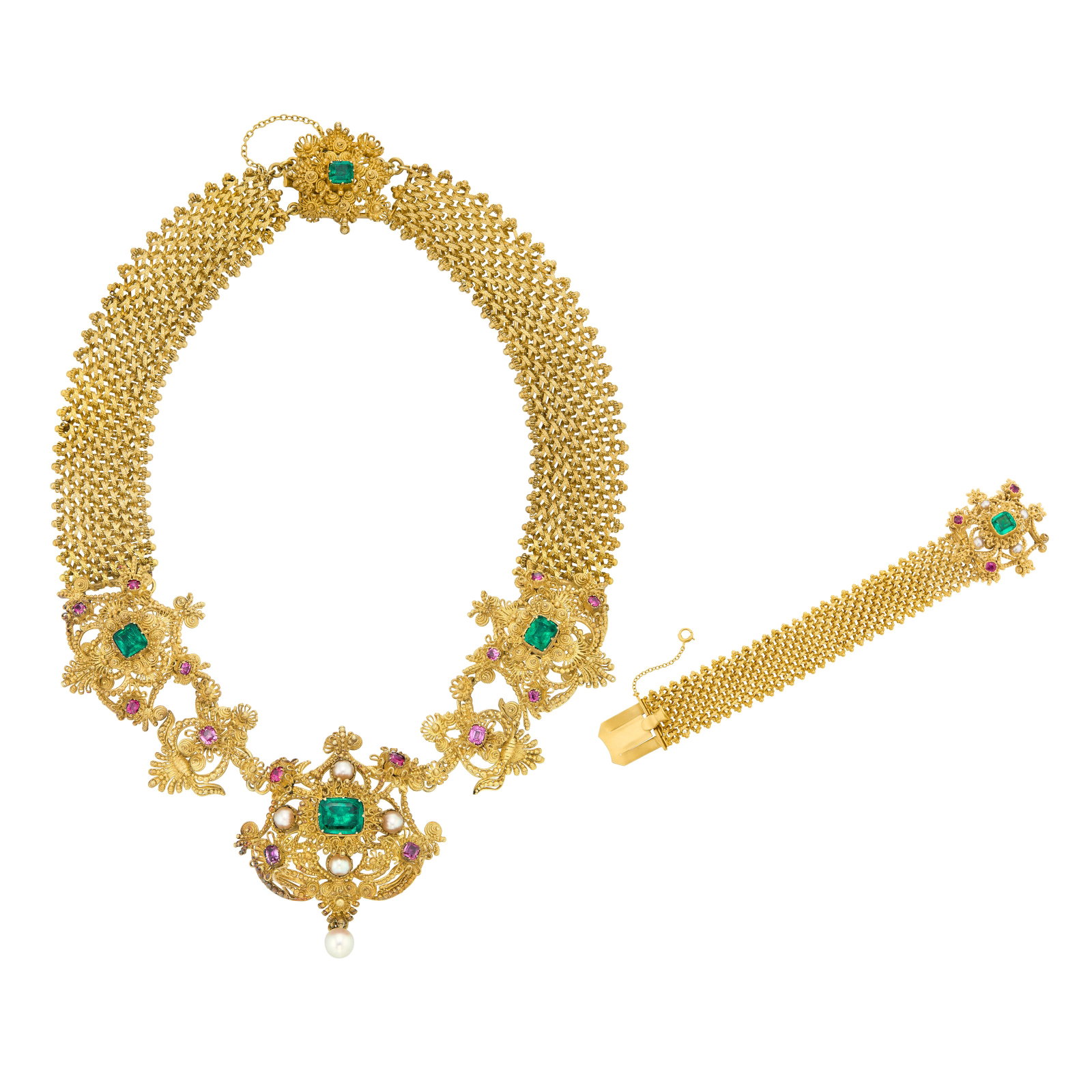 SET OF ANTIQUE MULTI-GEM AND GOLD CANNETILLE JEWELRY: SET OF ANTIQUE MULTI-GEM AND GOLD CANNETILLE JEWELRY Details Cushion-shaped emeralds (possibly foil-backed) and rubies, round pearls, yellow gold, circa 1830, bracelet deficient one ruby element