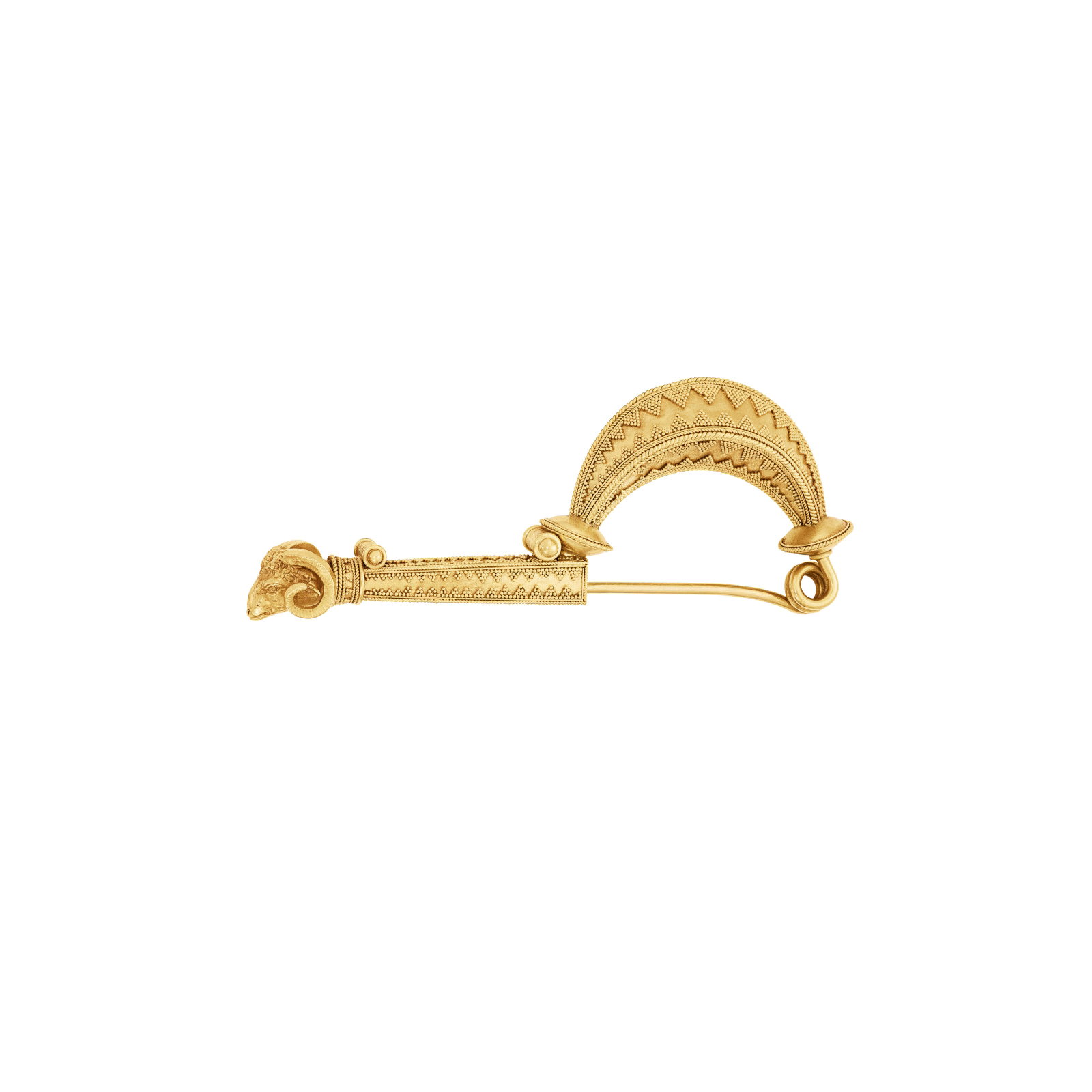 ANTIQUE ARCHAEOLOGICAL REVIVAL GOLD FIBULA BROOCH: ANTIQUE ARCHAEOLOGICAL REVIVAL GOLD FIBULA BROOCH Details Designed as a ram's head, yellow gold, circa 1870 Size/Dimensions: 7.4 x 2.8 cm (27⁄8 x 1/1/8 in) Gross Weight: 17.8 grams