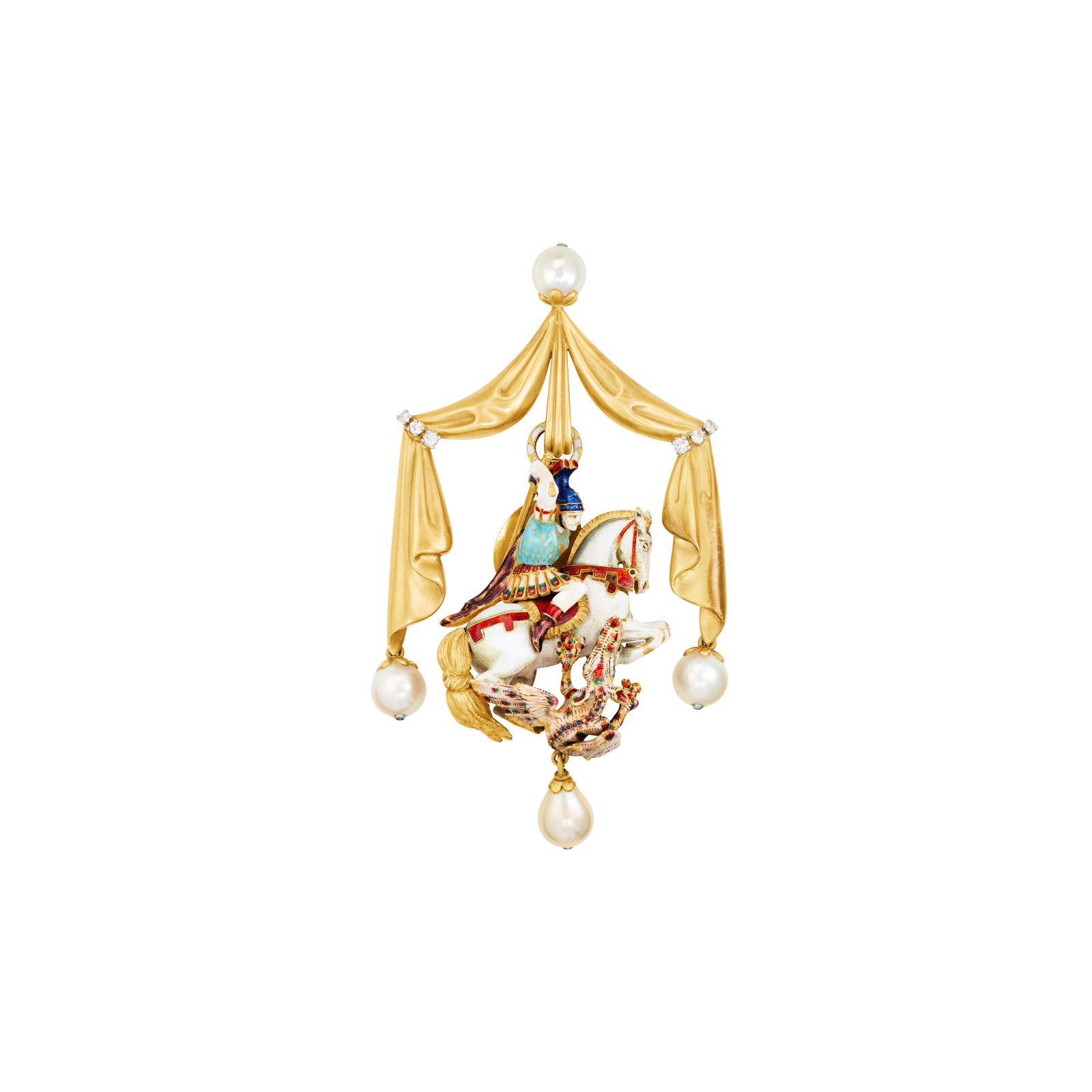 CULTURED PEARL, DIAMOND AND ENAMEL BROOCH: CULTURED PEARL, DIAMOND AND ENAMEL BROOCH Details Designed as a knight on a horse fighting a dragon, cultured pearls, round and old-cut diamonds, multi-colored enamel, 14k yellow gold, circa 1960