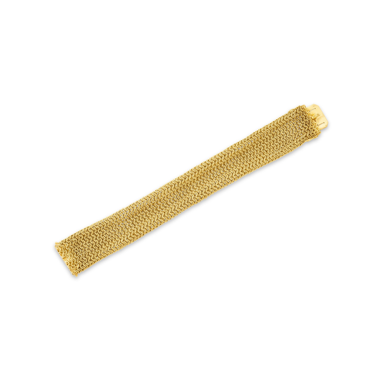 GOLD BRACELET: GOLD BRACELET Details Yellow gold, circa 1950 Size/Dimensions: 17.8 x 2.5 cm (63⁄4 x 1 in) Gross Weight: 72.6. grams