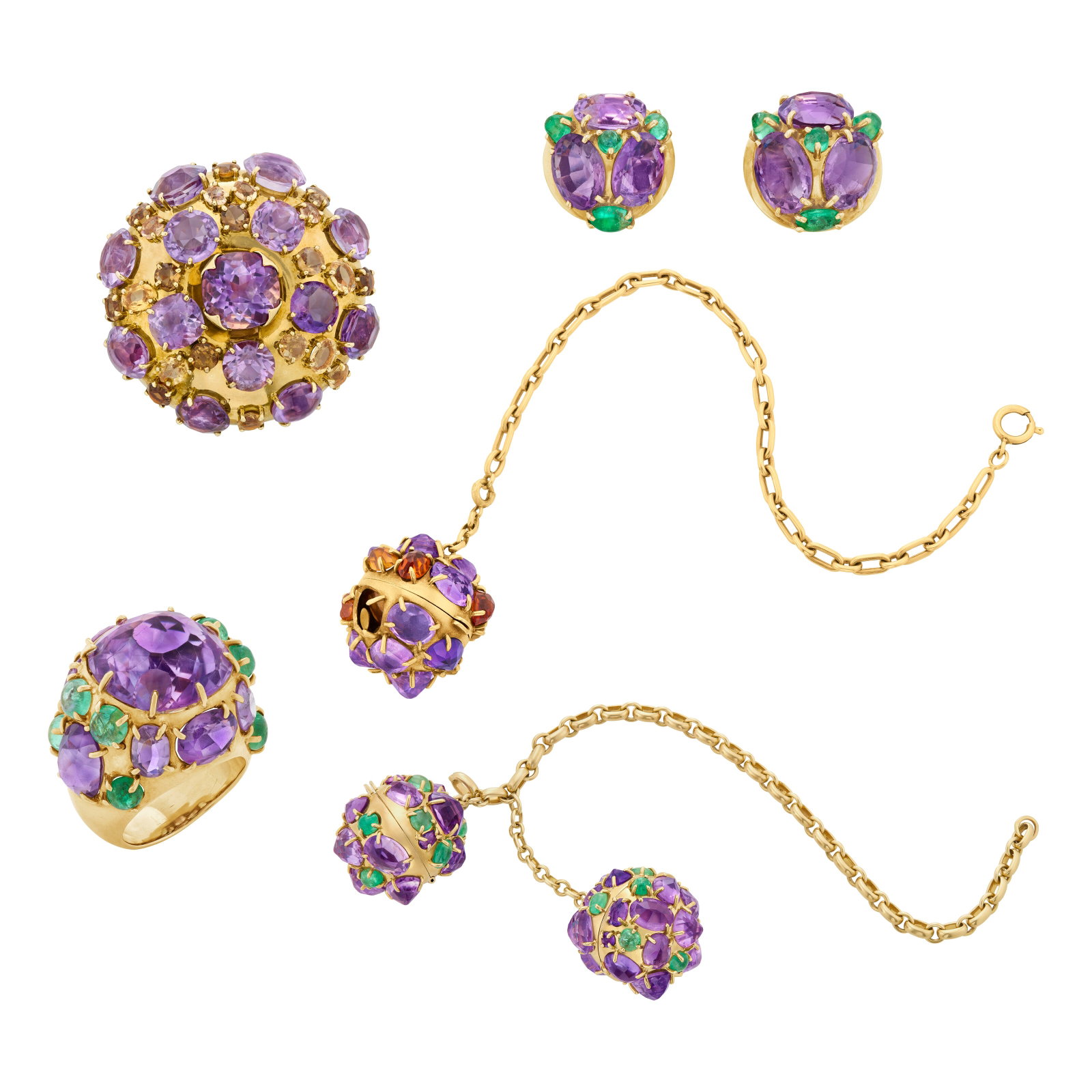 GROUP OF AMETHYST, EMERALD, AND CITRINE JEWELRY AND POCKETWATCH BRACELET: GROUP OF AMETHYST, EMERALD, AND CITRINE JEWELRY AND POCKETWATCH BRACELET Details Oval, cushion, round and inversely-set amethysts, round and oval cabochon emeralds, round, oval and inversely-set citri