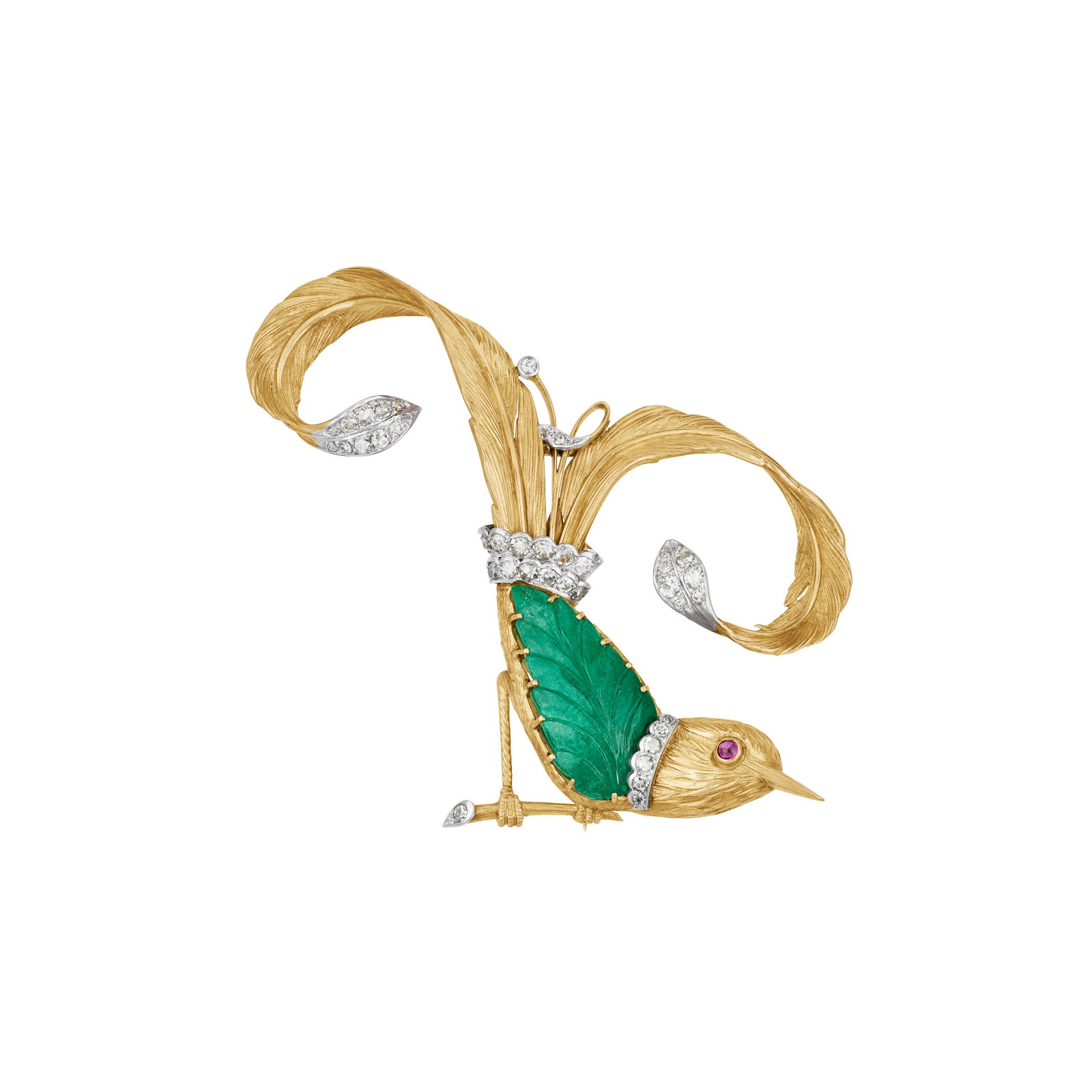 MAUBOUSSIN EMERALD, RUBY AND DIAMOND BIRD BROOCH: MAUBOUSSIN EMERALD, RUBY AND DIAMOND BIRD BROOCH Details Designed as a bird, carved emerald, round ruby cabochon, old-cut diamonds, 18k yellow gold (French marks) and platinum, circa 1948, unsigned