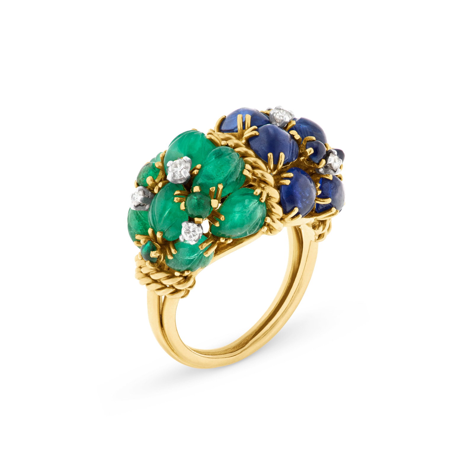 MAUBOUSSIN SAPPHIRE, EMERALD AND DIAMOND RING: MAUBOUSSIN SAPPHIRE, EMERALD AND DIAMOND RING Details Carved sapphires and emeralds, round diamonds, 18k yellow gold and platinum (French marks), circa 1950, signed Mauboussin, numbered (partially