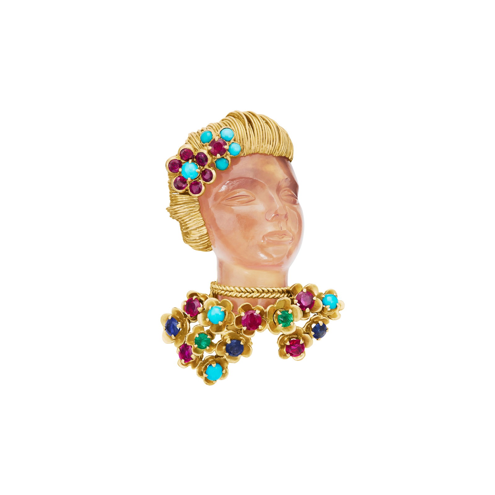 MAUBOUSSIN MULTI-GEM, ROSE QUARTZ AND GOLD BROOCH: MAUBOUSSIN MULTI-GEM, ROSE QUARTZ AND GOLD BROOCH Details Designed as a lady, carved rose quartz, round turquoise cabochons, round rubies, sapphires and emeralds, 18k yellow gold (French marks),
