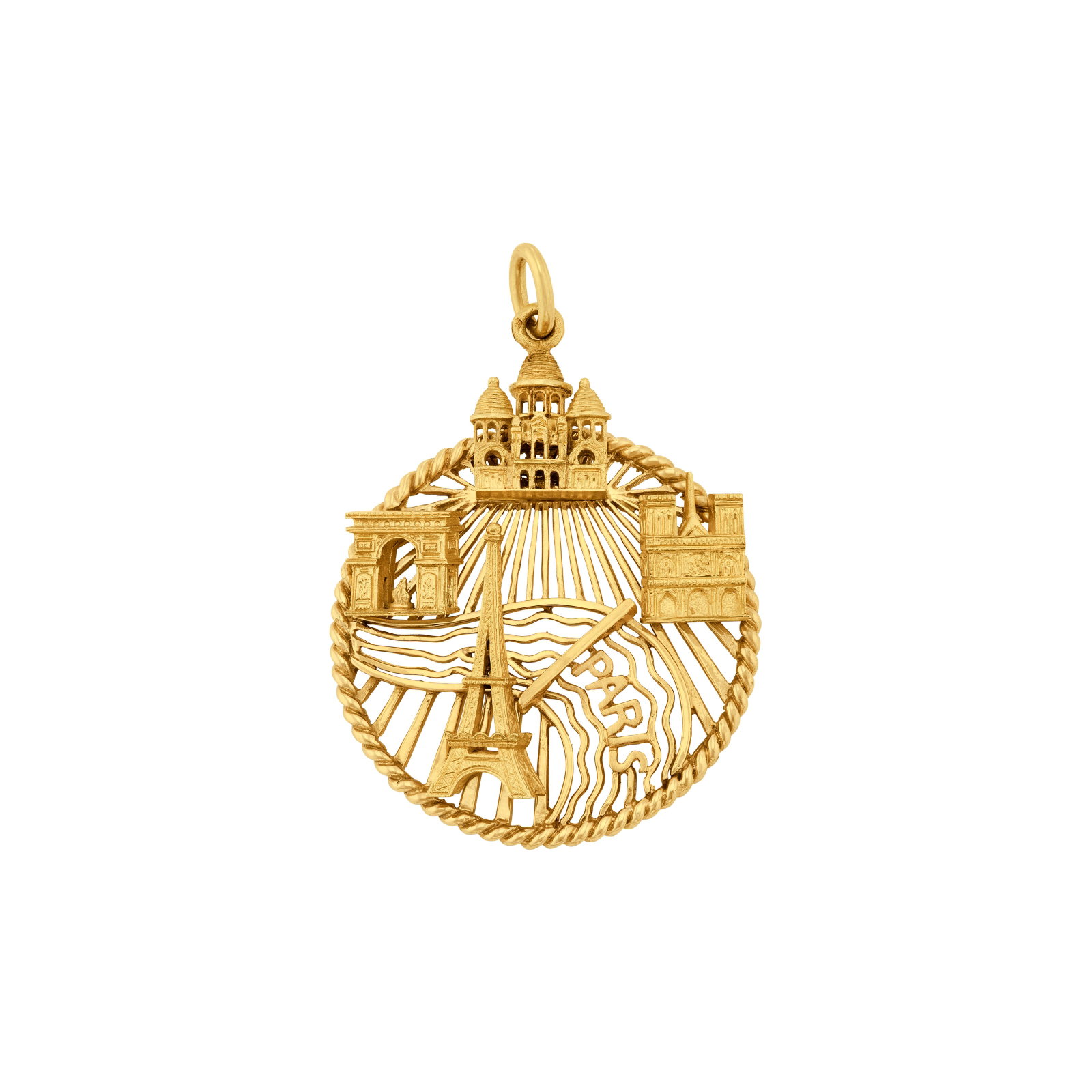 MAUBOUSSIN GOLD CHARM PENDANT: MAUBOUSSIN GOLD CHARM PENDANT Details Depicting stylized Parisian landmarks, including the Eiffel Tower, Arc de Triomphe, Sacré-Cœur and Notre-Dame, 18k yellow gold (French mark), circa