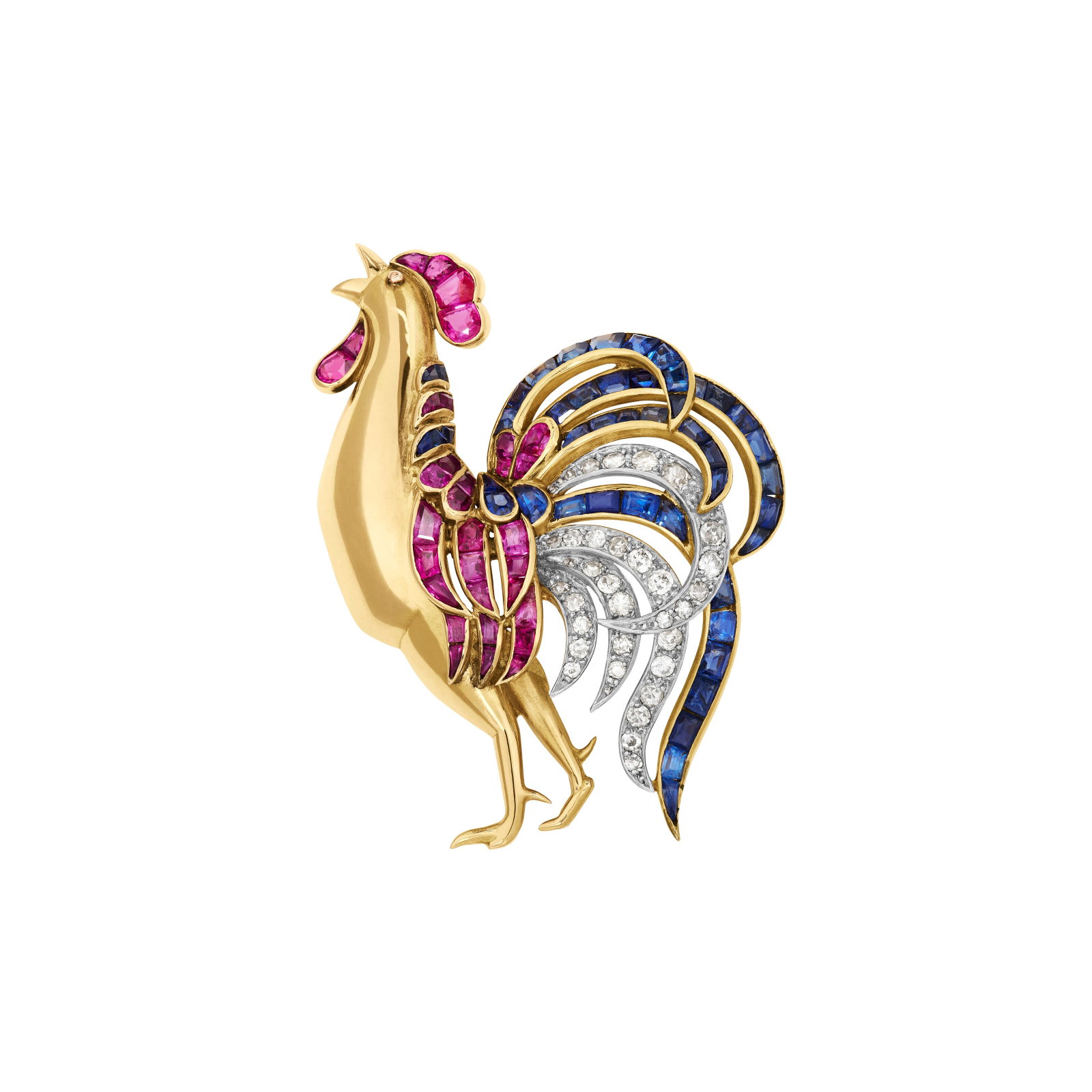 MAUBOUSSIN RUBY, SAPPHIRE AND DIAMOND ROOSTER BROOCH: MAUBOUSSIN RUBY, SAPPHIRE AND DIAMOND ROOSTER BROOCH Details Designed as a rooster, calibré-cut rubies and sapphires, old and single-cut diamonds, 18k yellow gold and platinum (French marks),