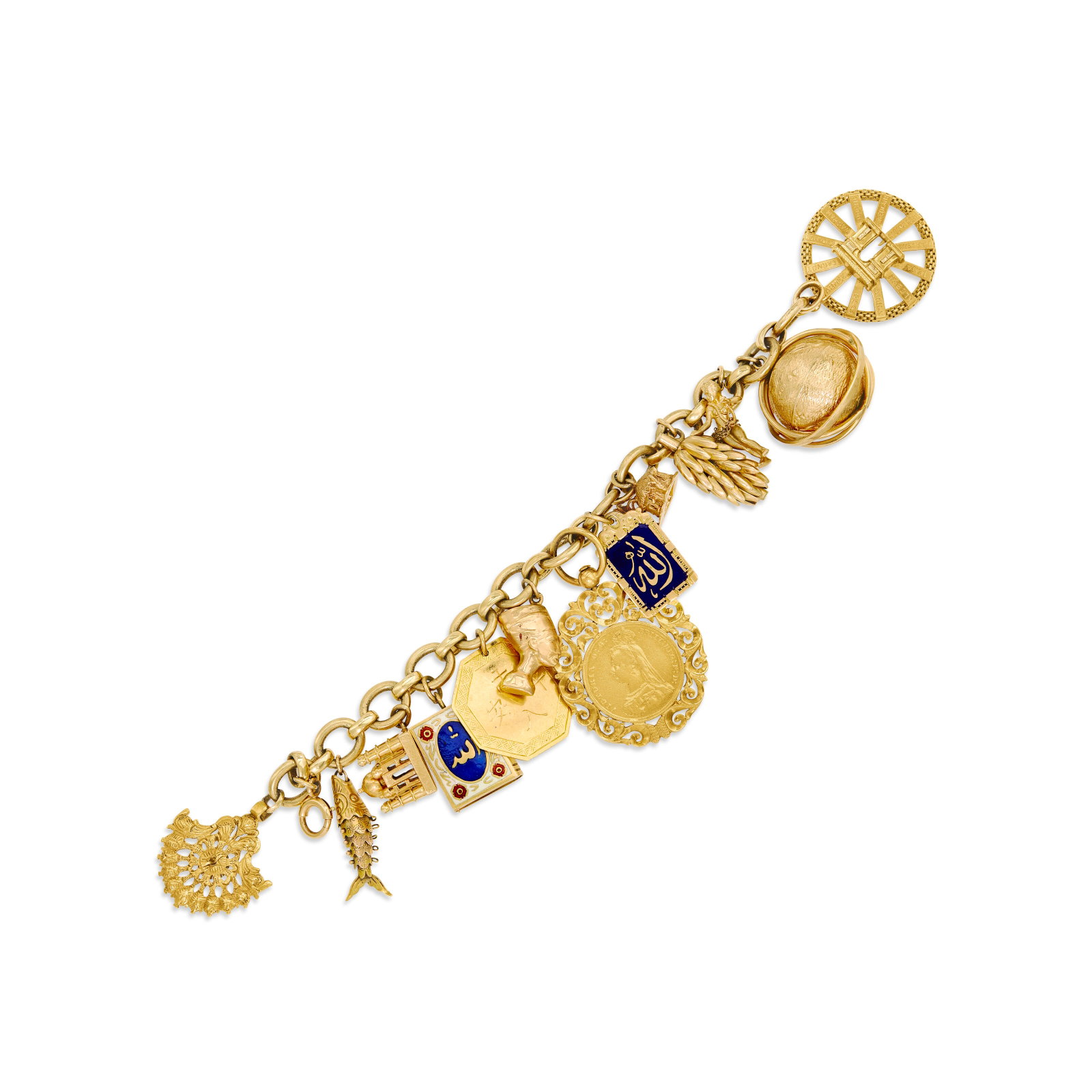 MULTI-GEM, ENAMEL AND GOLD CHARM BRACELET: MULTI-GEM, ENAMEL AND GOLD CHARM BRACELET Details Comprising thirteen charms depicting a stylized peacock, an articulated fish, the Taj Mahal (base inscribed 'MATILDA G GRAY 1955'), a miniature