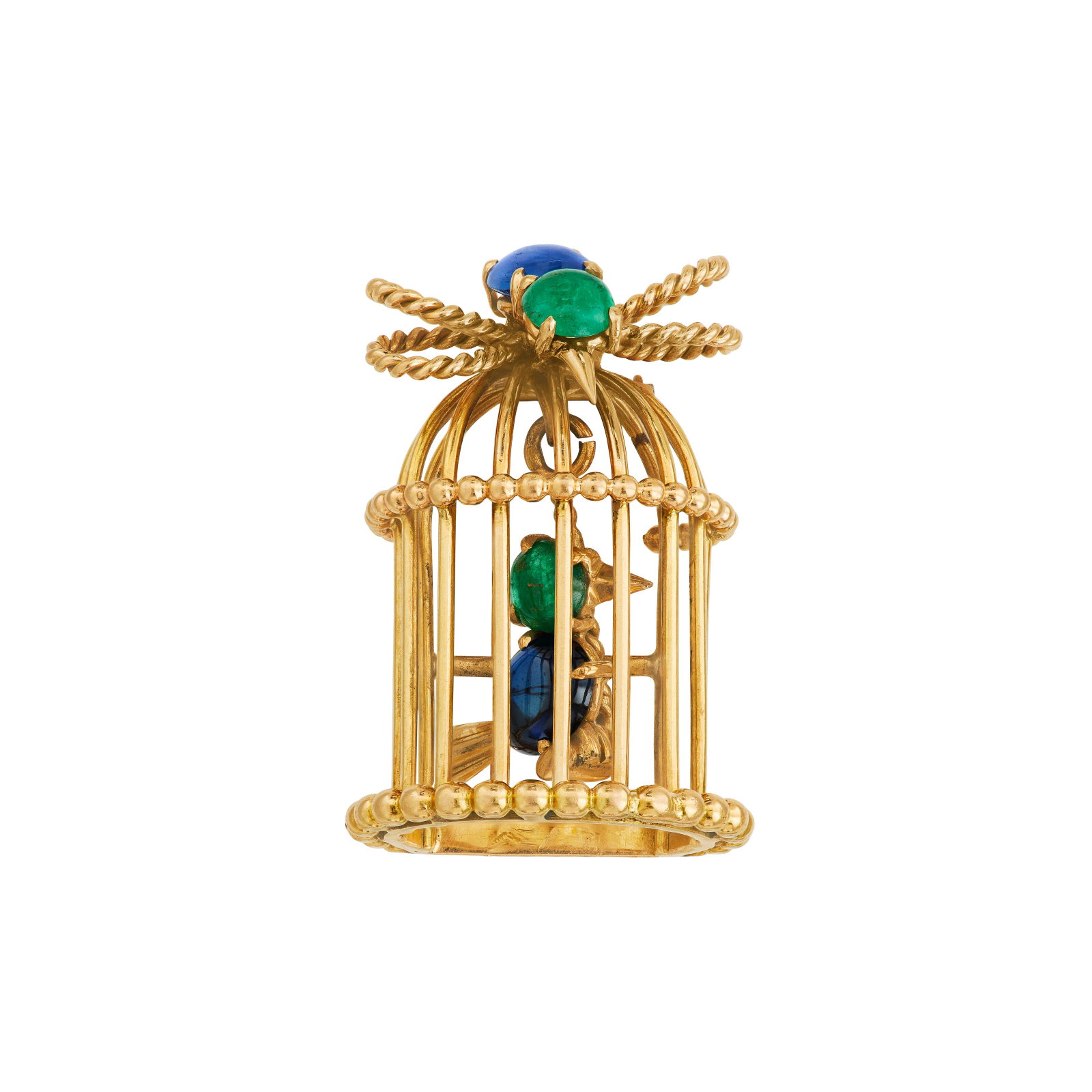 RETRO SAPPHIRE, EMERALD AND GOLD CAGED BIRD BROOCH: RETRO SAPPHIRE, EMERALD AND GOLD CAGED BIRD BROOCH Details Designed as a bird in a cage, oval sapphire cabochons, round emerald cabochons, 18k yellow gold (French marks), circa 1945 Size/Dimensions: