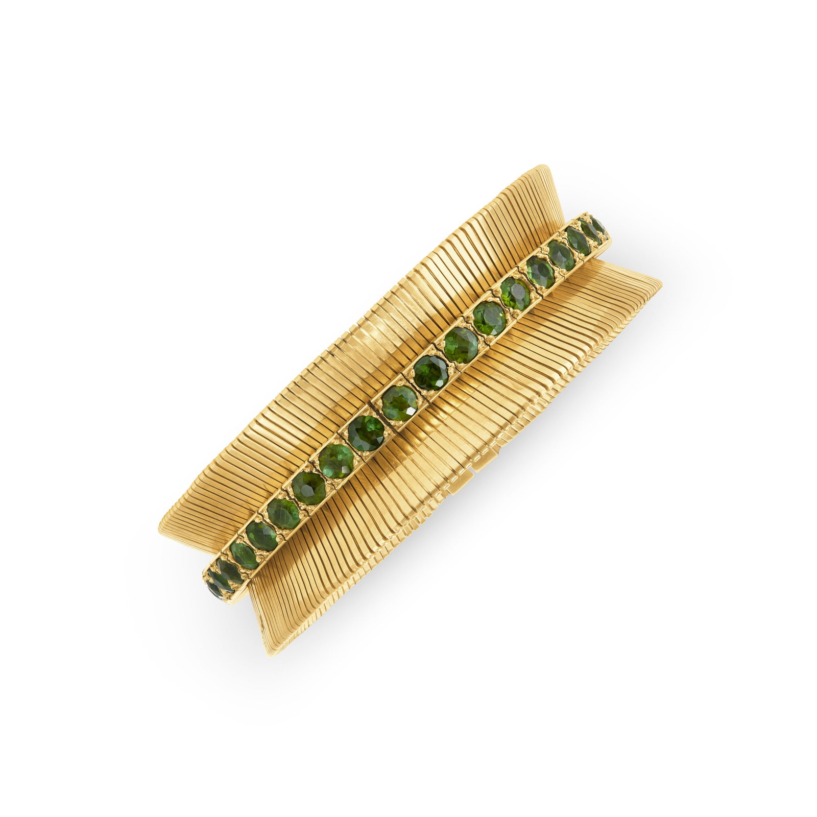 CARTIER TOURMALINE BRACELET WITH TIFFANY & CO. GOLD JACKET: CARTIER TOURMALINE BRACELET WITH TIFFANY & CO. GOLD JACKET Details Round green tourmalines, 18k yellow gold (French marks), circa 1950, Cartier maker’s mark, numbered, accompanied by a bracelet